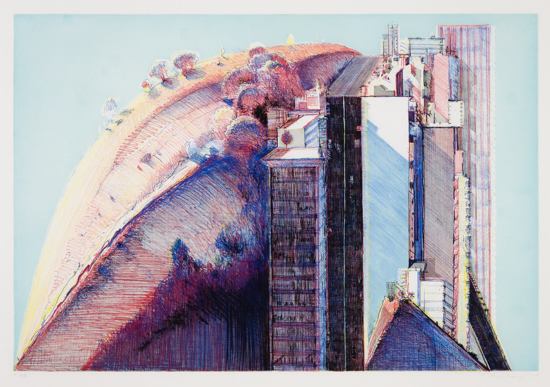 A drawing of a building with a blue sky in the background.