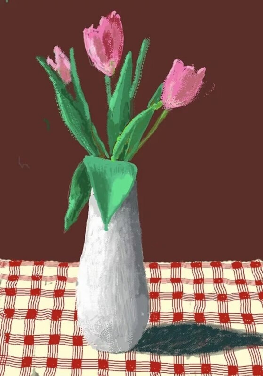 A still life painting of pink tulips in a white vase on a red checkered tablecloth.