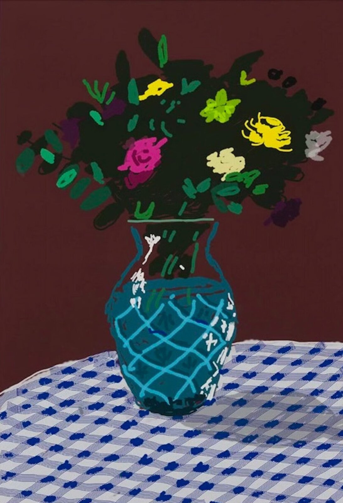 A stylized still life of a colorful bouquet in a patterned vase on a checkered tablecloth.