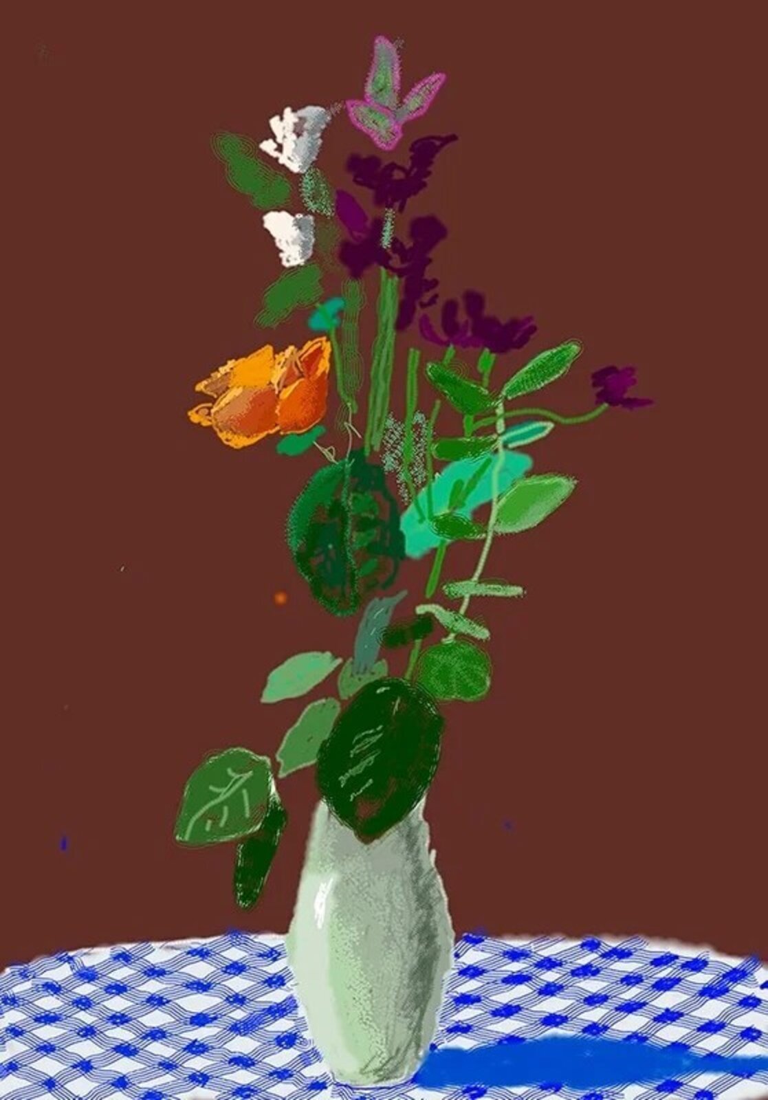 A vibrant digital painting of a colorful floral arrangement in a vase against a solid background.