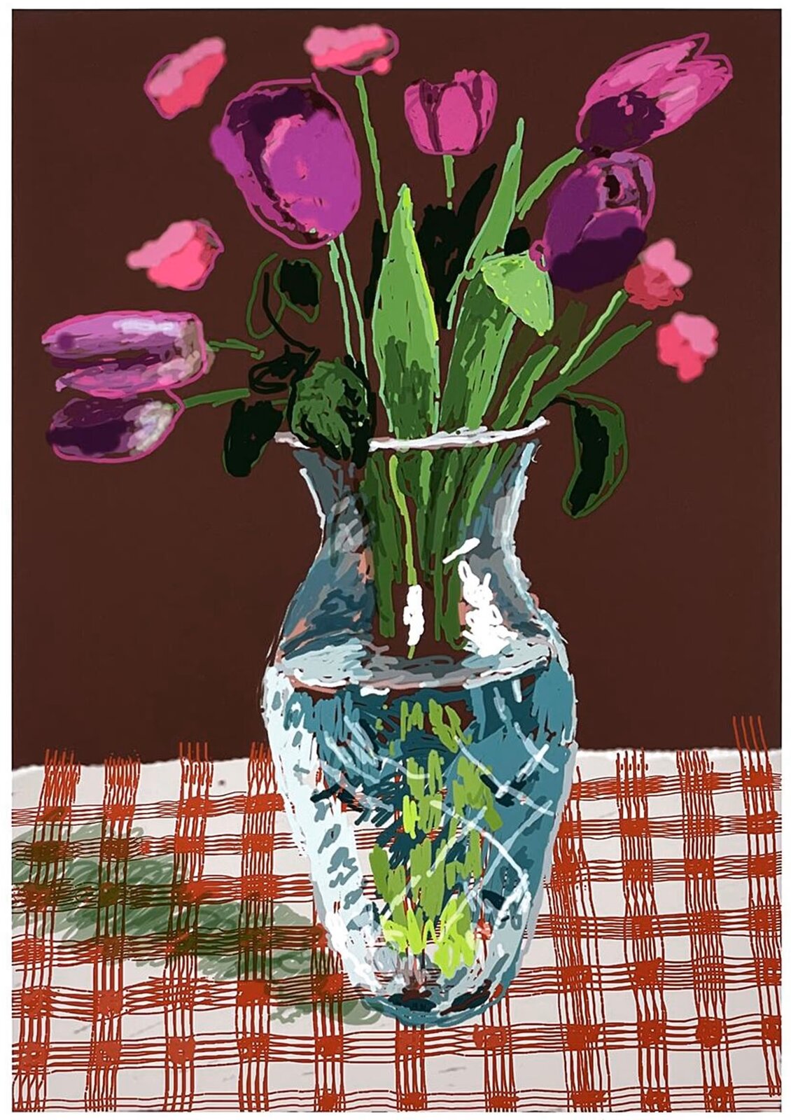 A colorful pop-art still life of a vase with tulips on a checkered tablecloth.
