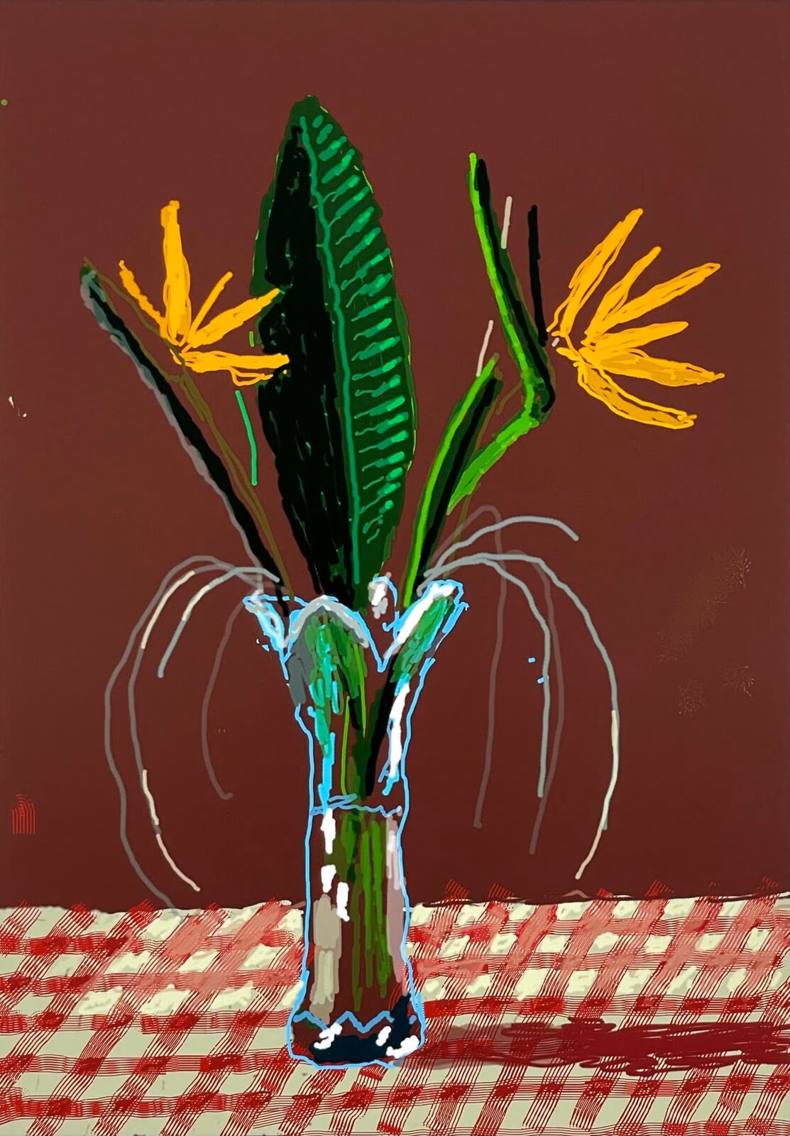 A vibrant still life of a vase with tropical flowers on a checkered tablecloth.