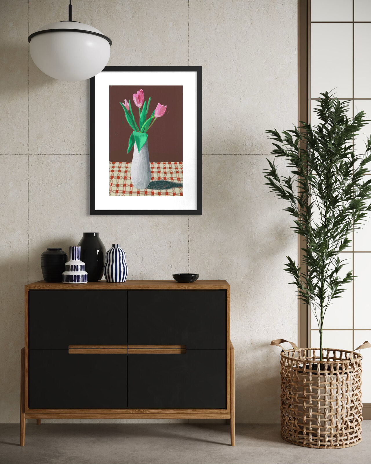 A still life painting of pink tulips in a white vase on a red checkered tablecloth.