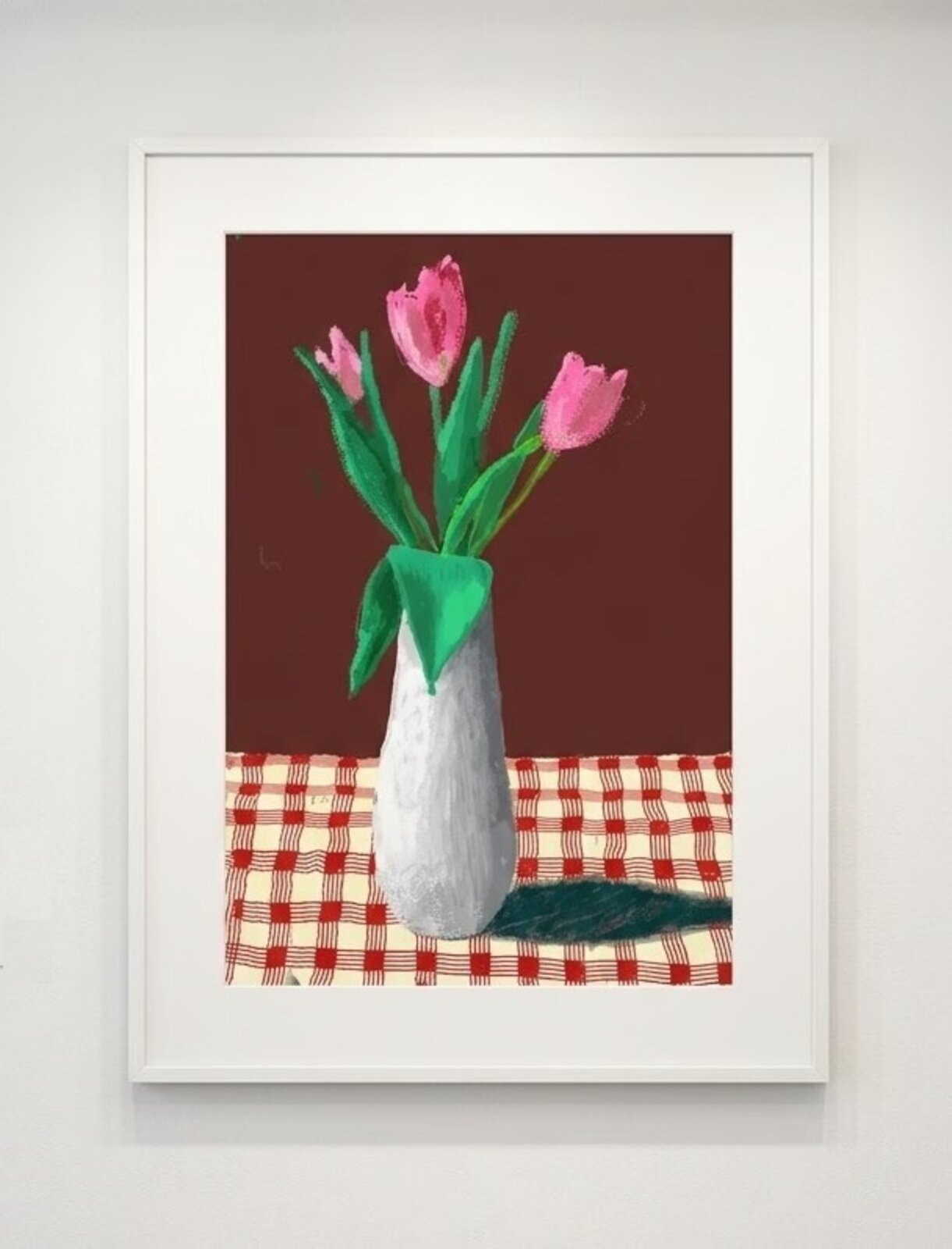 A still life painting of pink tulips in a white vase on a red checkered tablecloth.