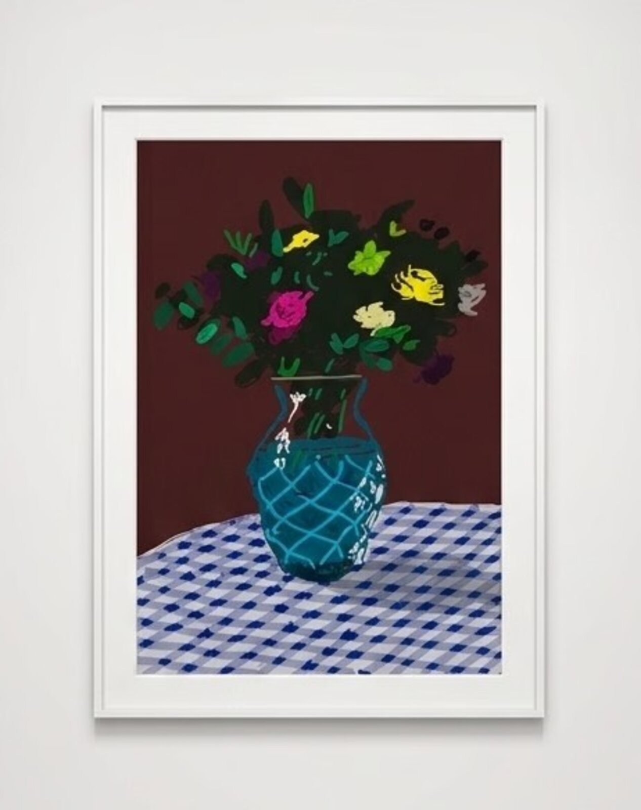 A stylized still life of a colorful bouquet in a patterned vase on a checkered tablecloth.