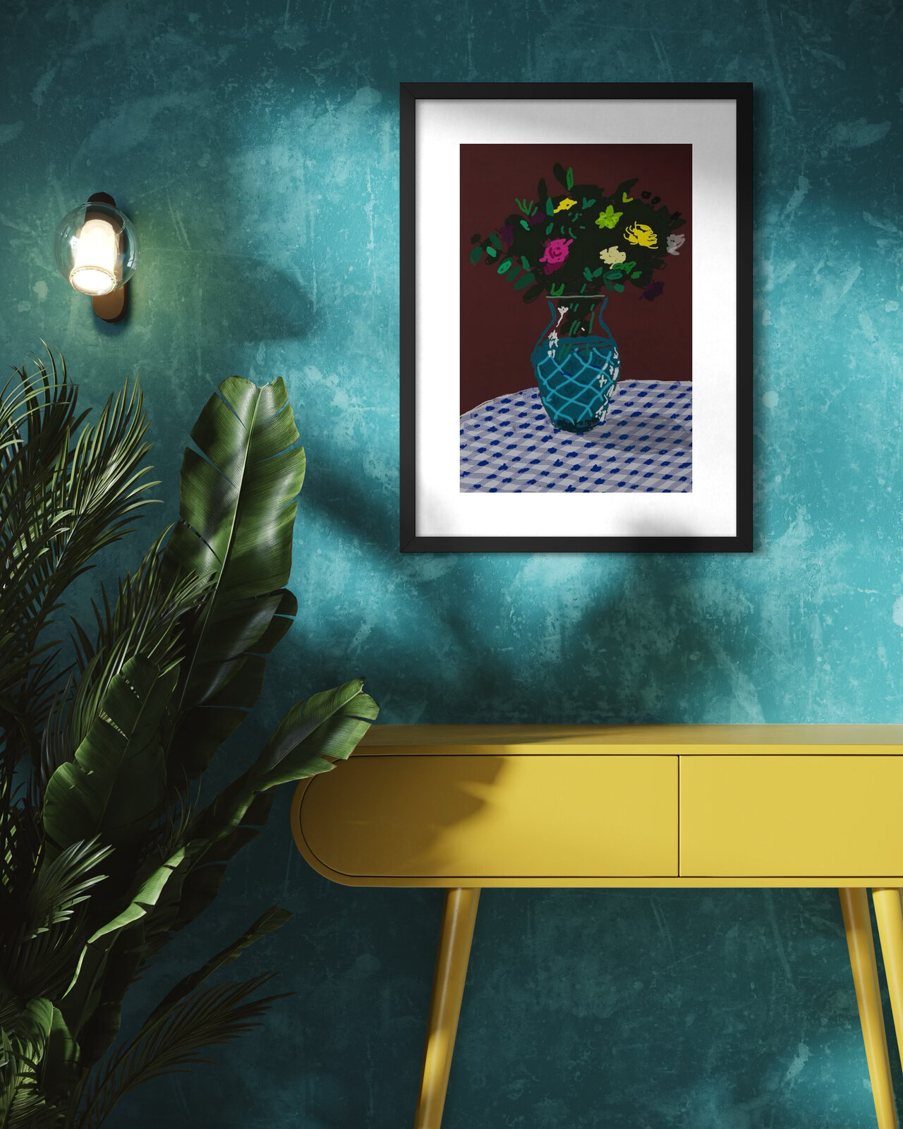 A stylized still life of a colorful bouquet in a patterned vase on a checkered tablecloth.