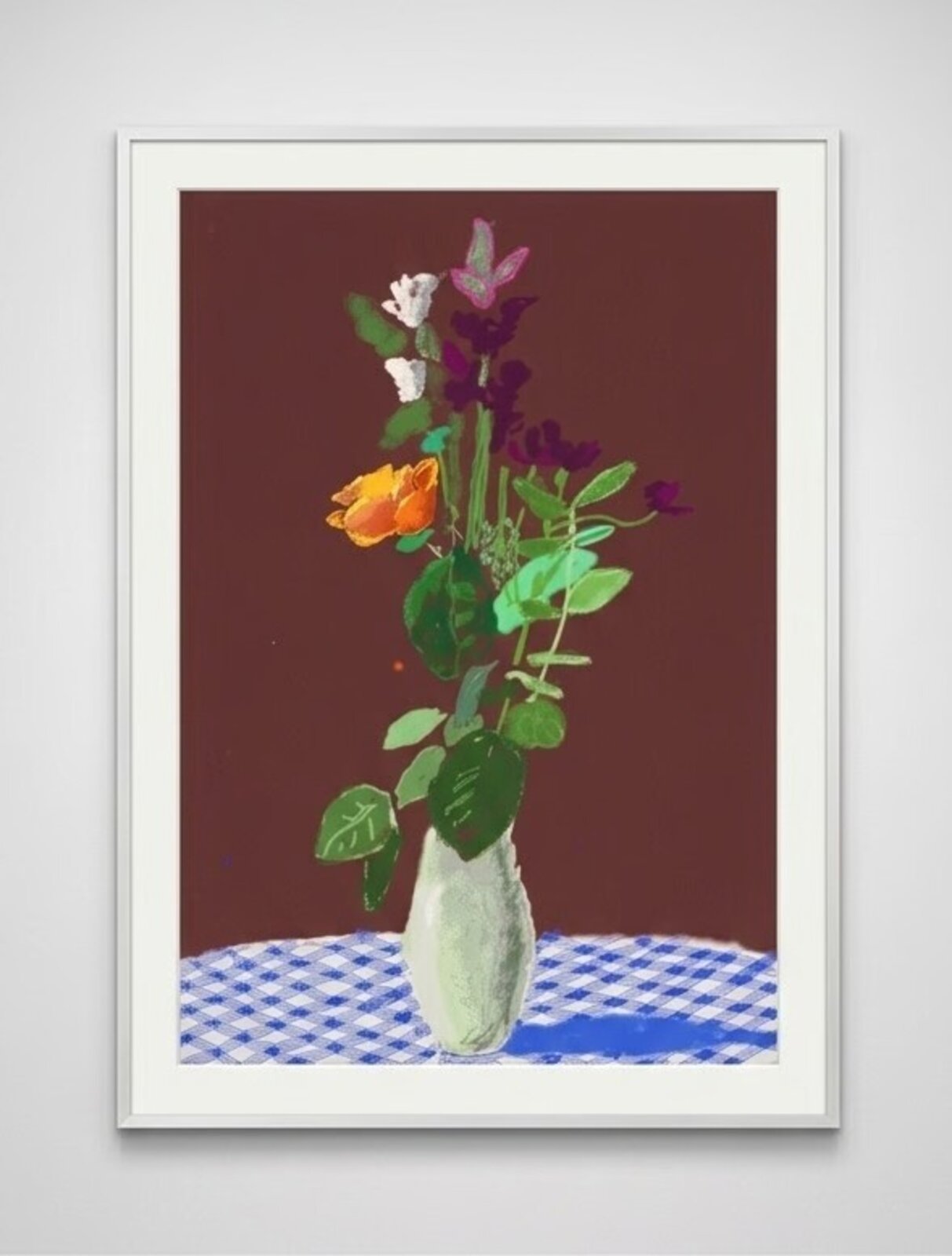 A vibrant digital painting of a colorful floral arrangement in a vase against a solid background.