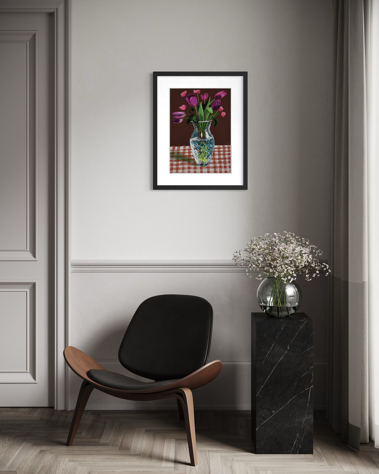 A colorful pop-art still life of a vase with tulips on a checkered tablecloth.