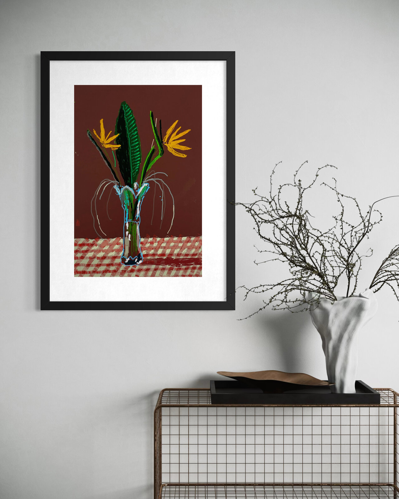 A vibrant still life of a vase with tropical flowers on a checkered tablecloth.