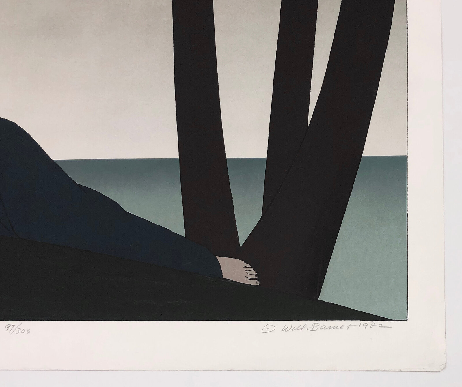 A serene print of a reclining figure resting between dark tree trunks under a pale sky.