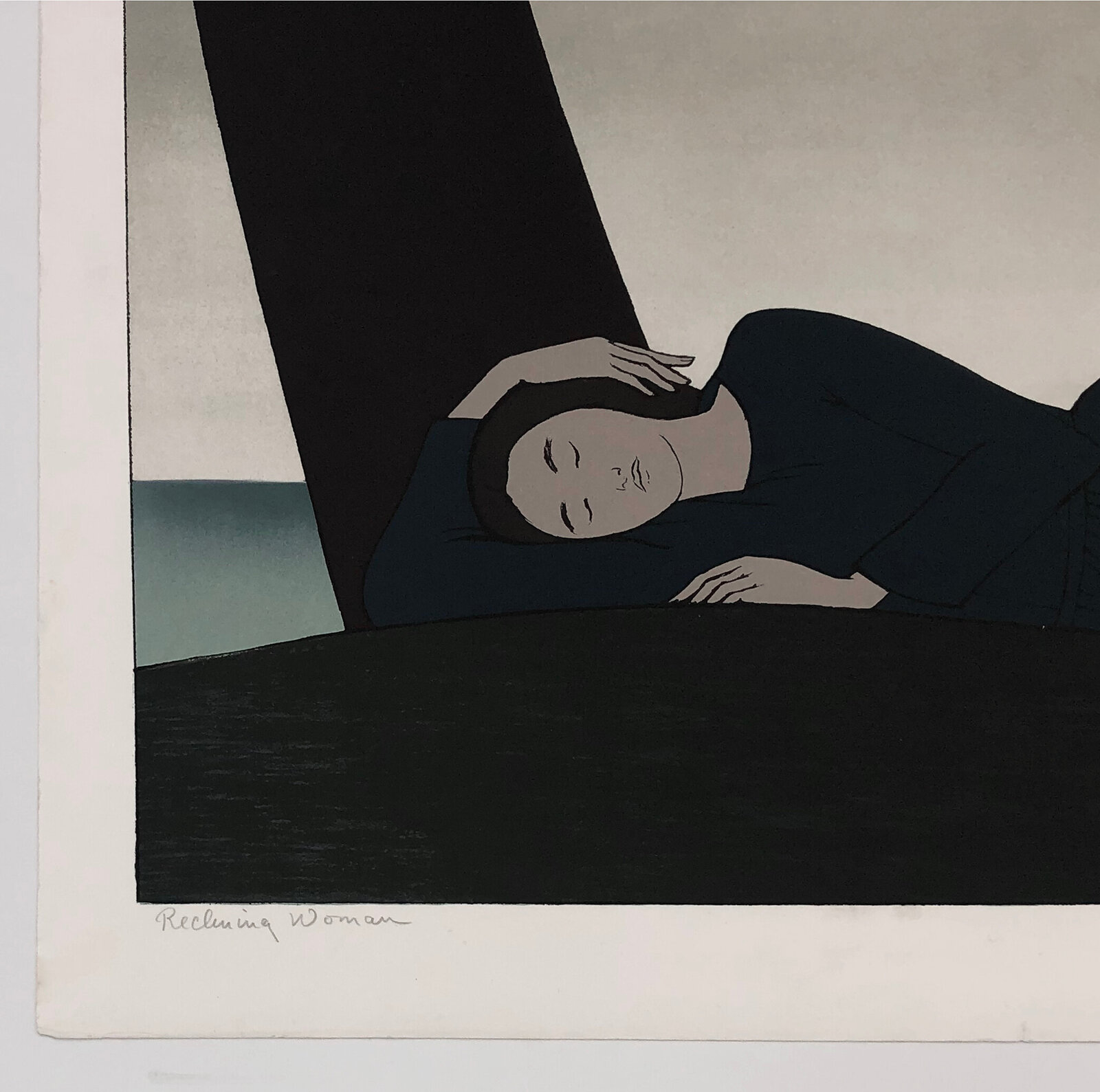 A serene print of a reclining figure resting between dark tree trunks under a pale sky.
