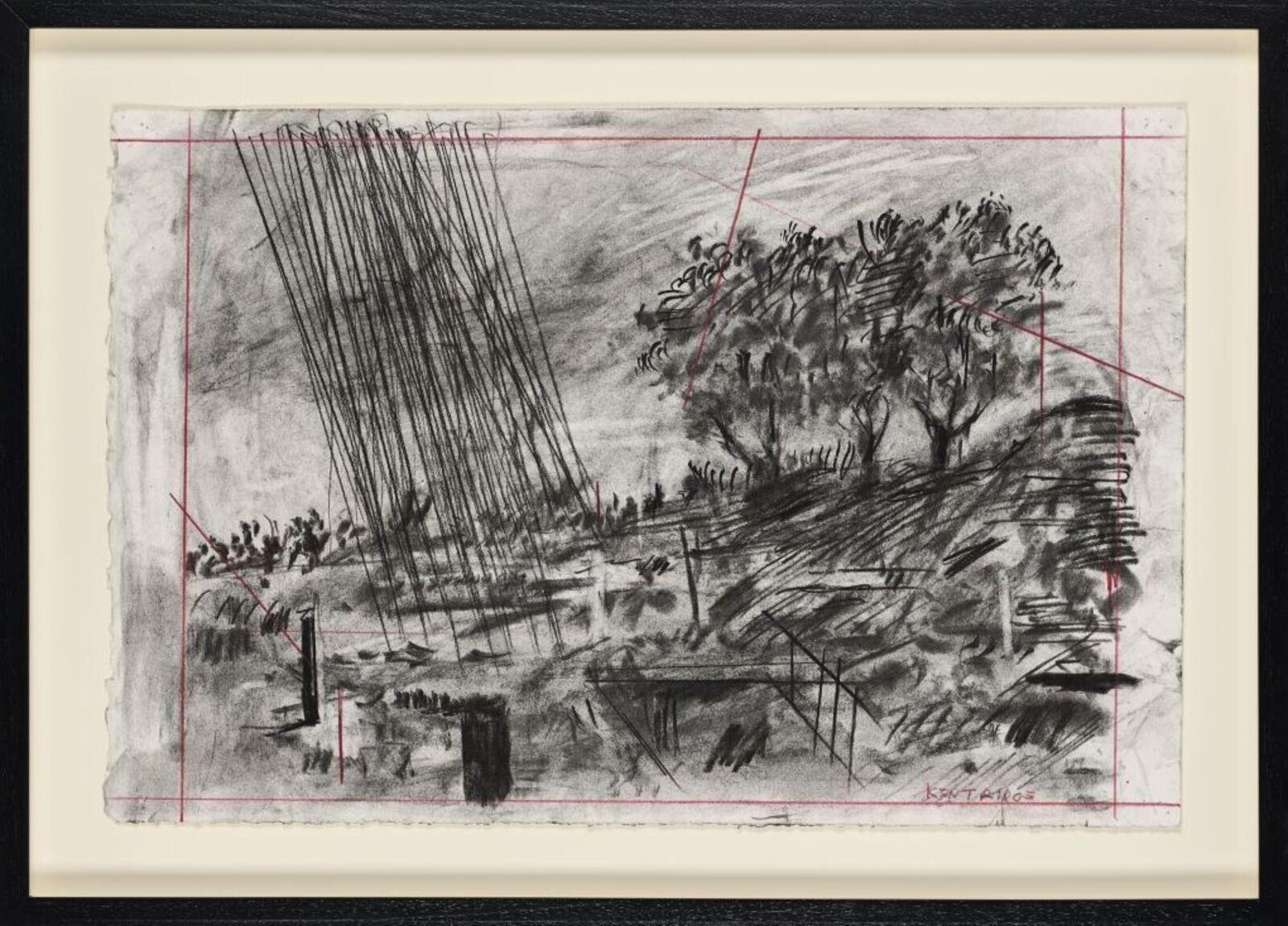 A black and white drawing of a landscape with trees.