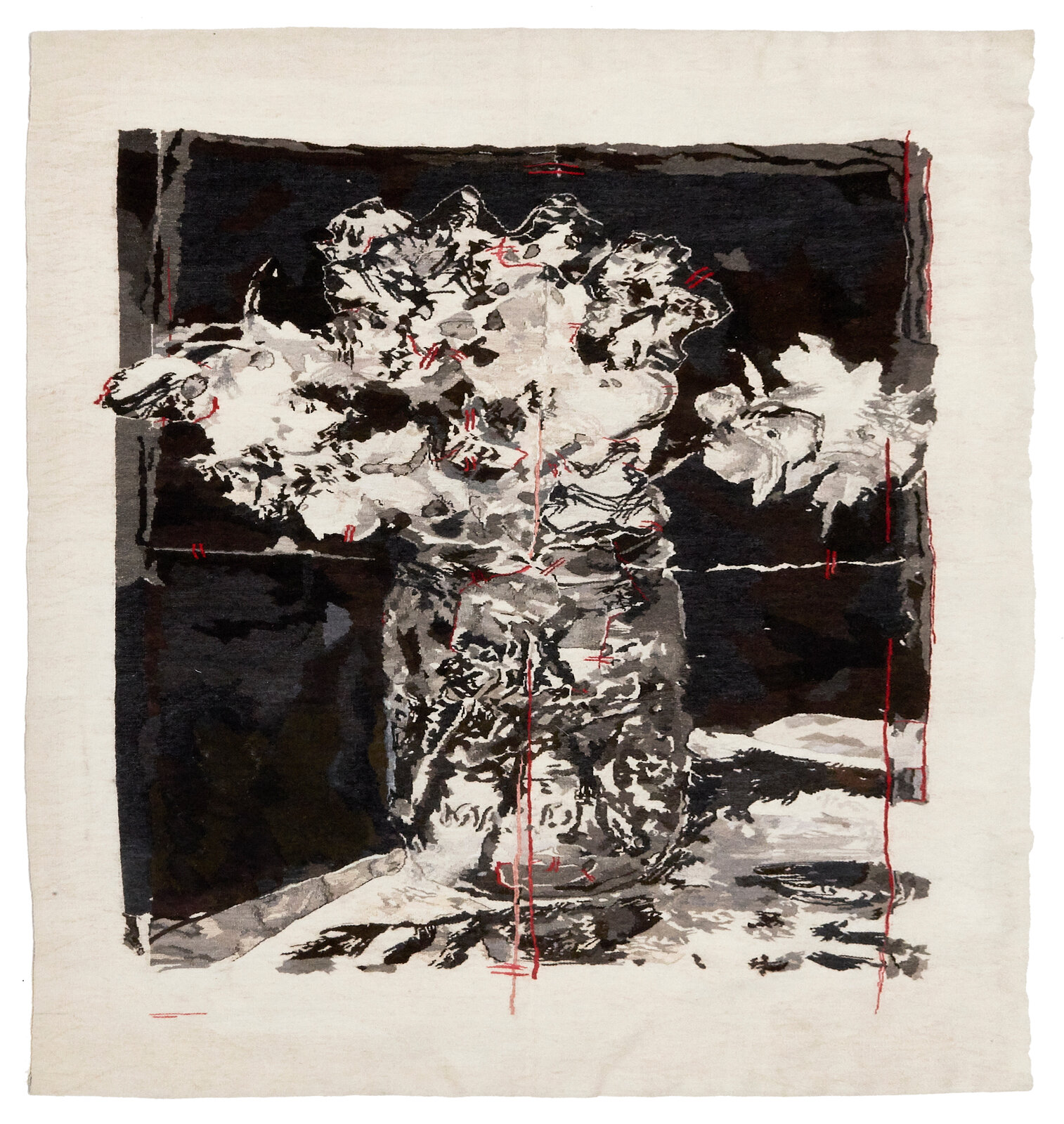 A monochromatic still life of a crumpled white object in a glass jar against a dark background.