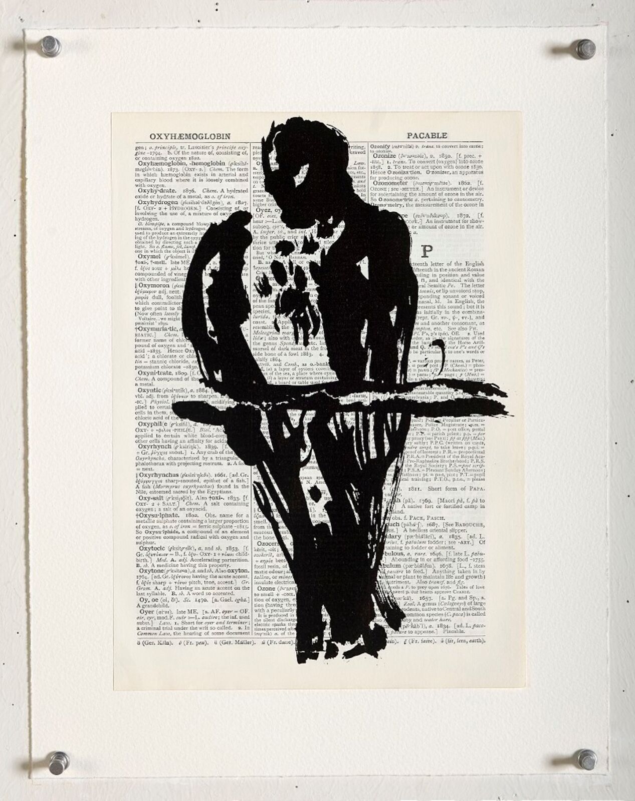 A black and white drawing of a man sitting at a table.