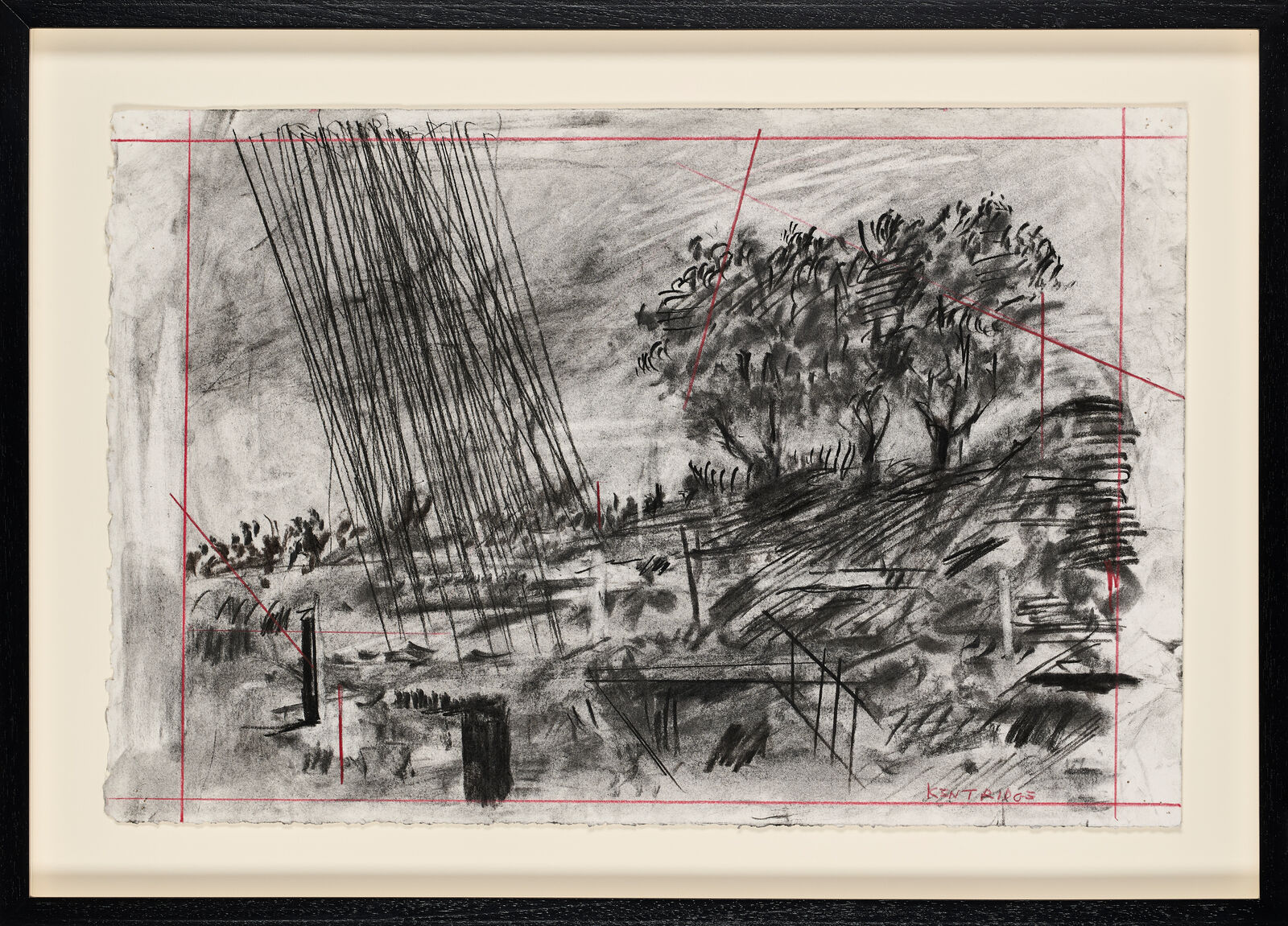 Artwork by William Kentridge, Drawing for Self-Portrait as a Coffee Pot, Episode 9 (Thundershower), Made of Charcoal and Coloured pencil on paper 