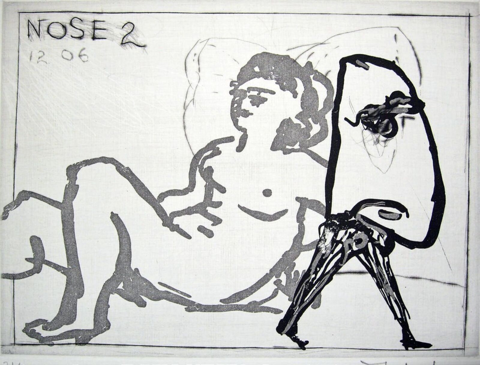 A black and white drawing of a woman sitting on a chair.