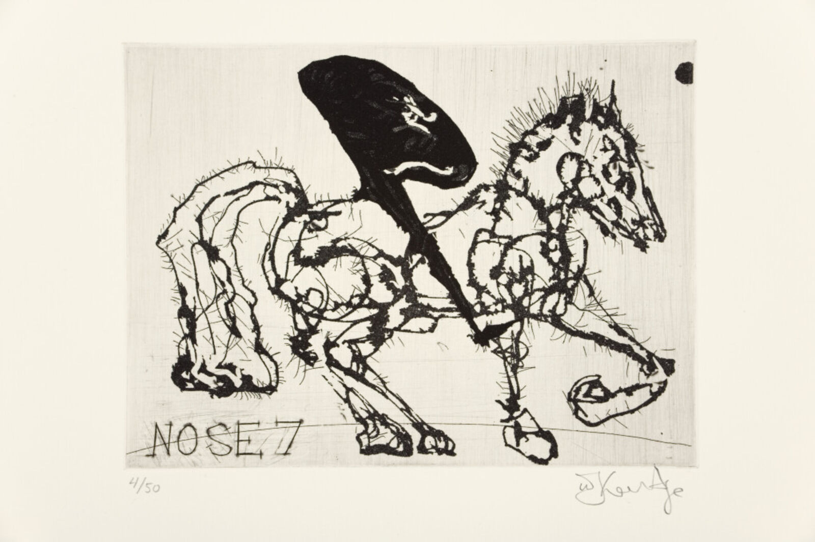 A black and white drawing of a horse with a hat on its head.