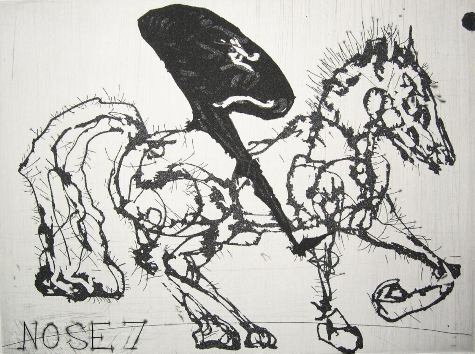 A black and white drawing of a horse with a hat on its head.