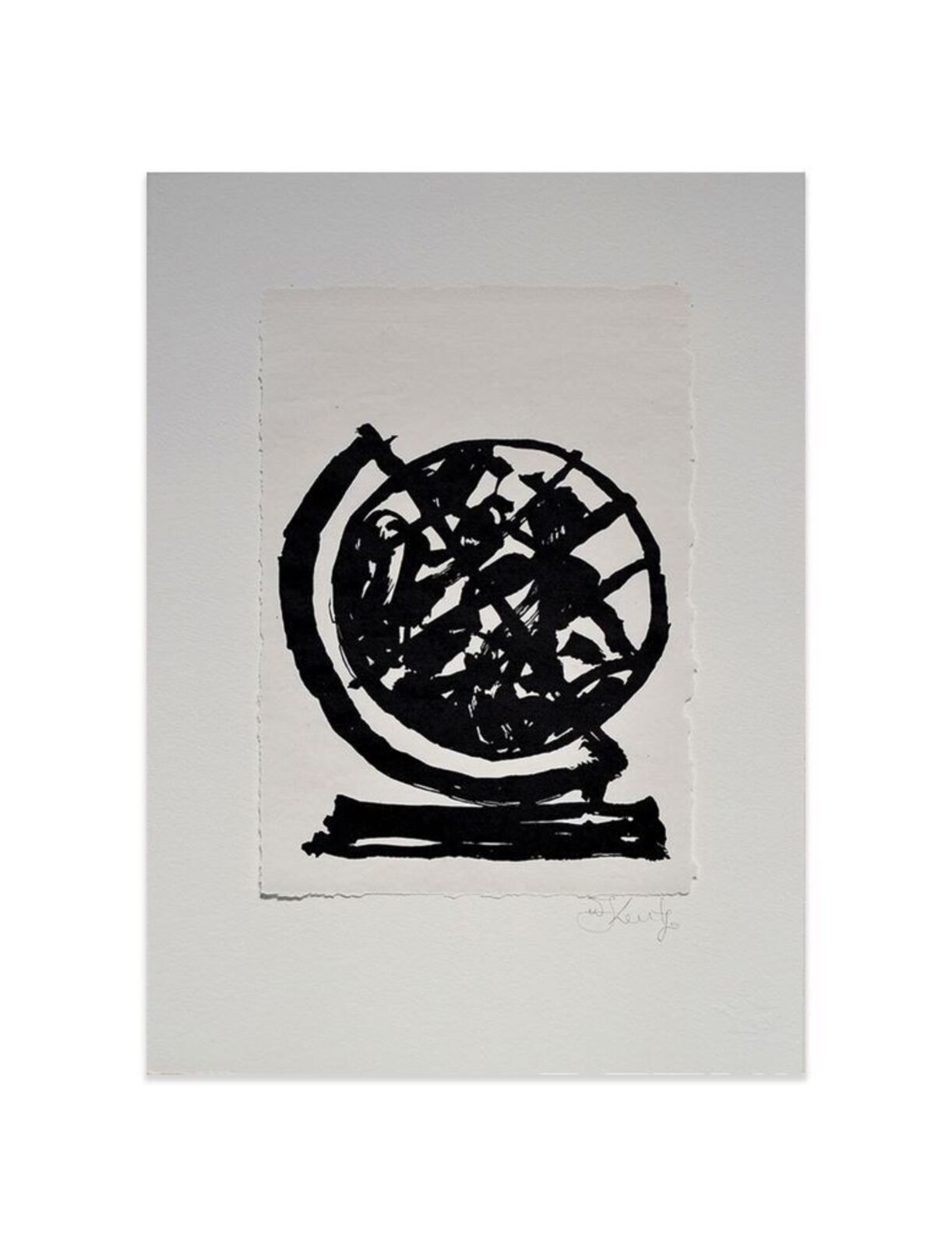 A black and white drawing of a globe on a white background.