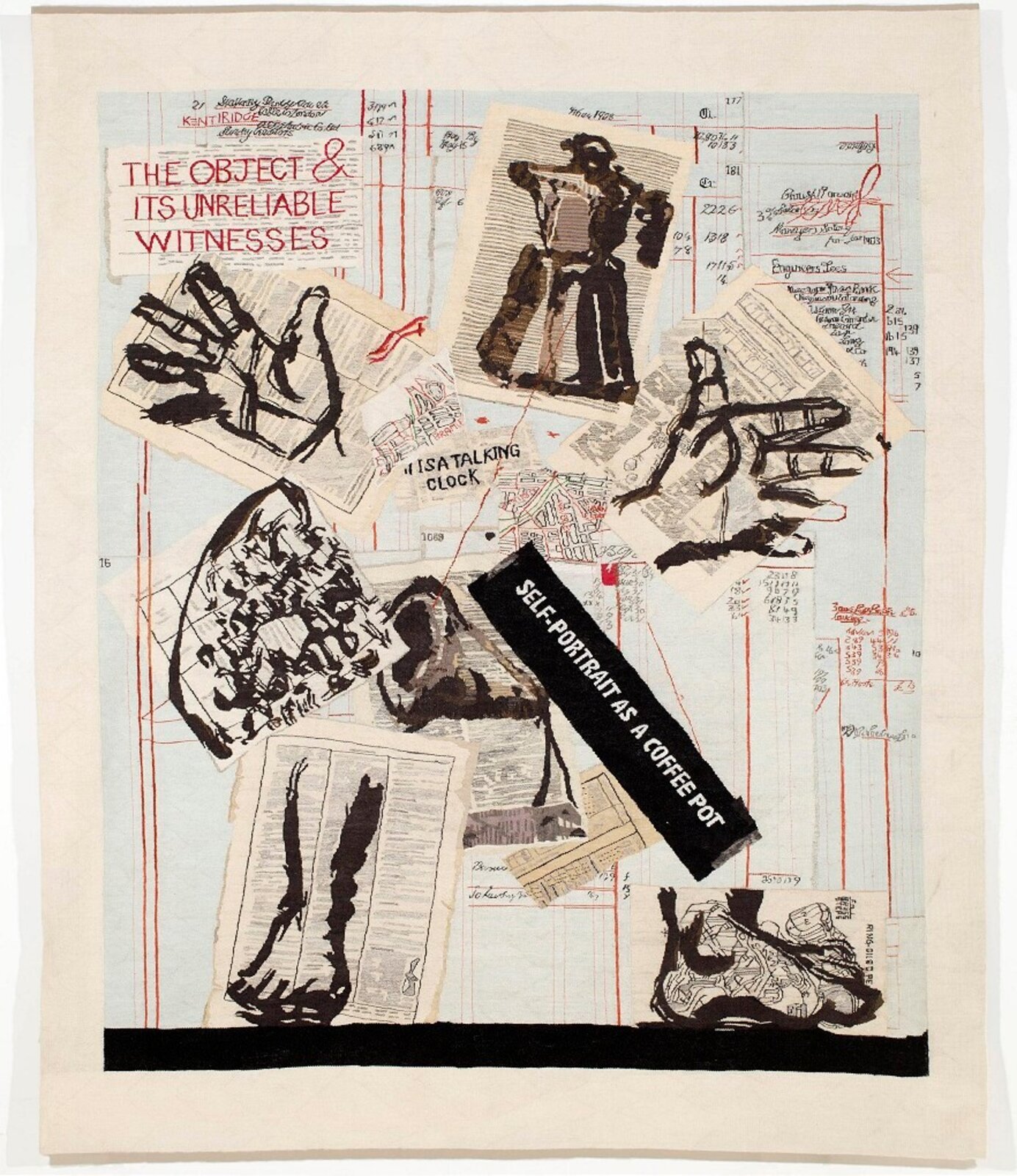 A chaotic collage of text, figures, and abstract marks on a blueprint background.