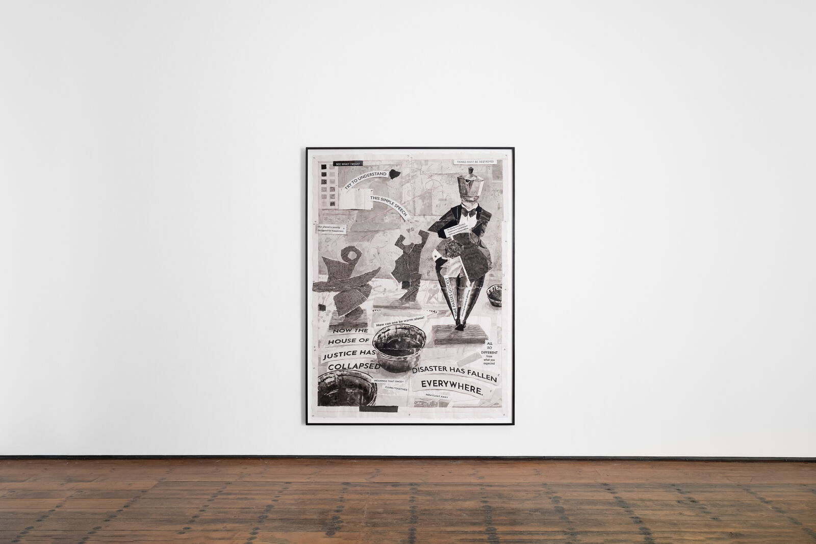 Artwork by William Kentridge, Try to Understand this Simple Speech, Made of Indian ink, coloured pencil and Collage on Phumani handmade paper 