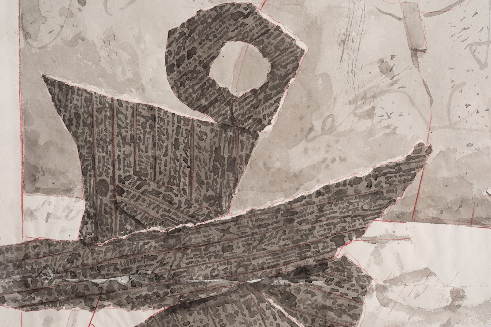Artwork by William Kentridge, Try to Understand this Simple Speech, Made of Indian ink, coloured pencil and Collage on Phumani handmade paper 