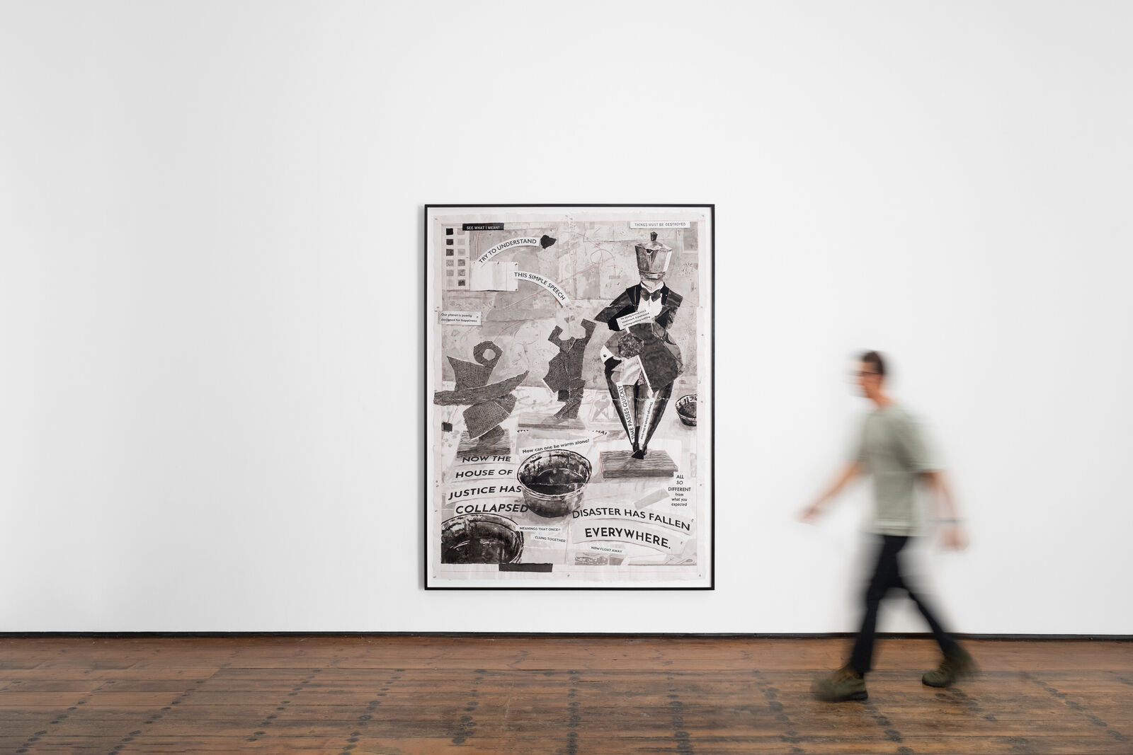 Artwork by William Kentridge, Try to Understand this Simple Speech, Made of Indian ink, coloured pencil and Collage on Phumani handmade paper 