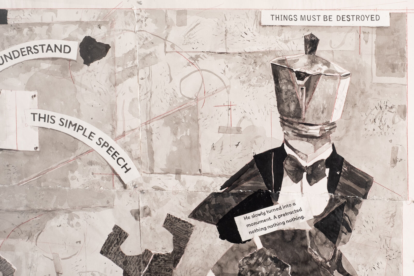 Artwork by William Kentridge, Try to Understand this Simple Speech, Made of Indian ink, coloured pencil and Collage on Phumani handmade paper 