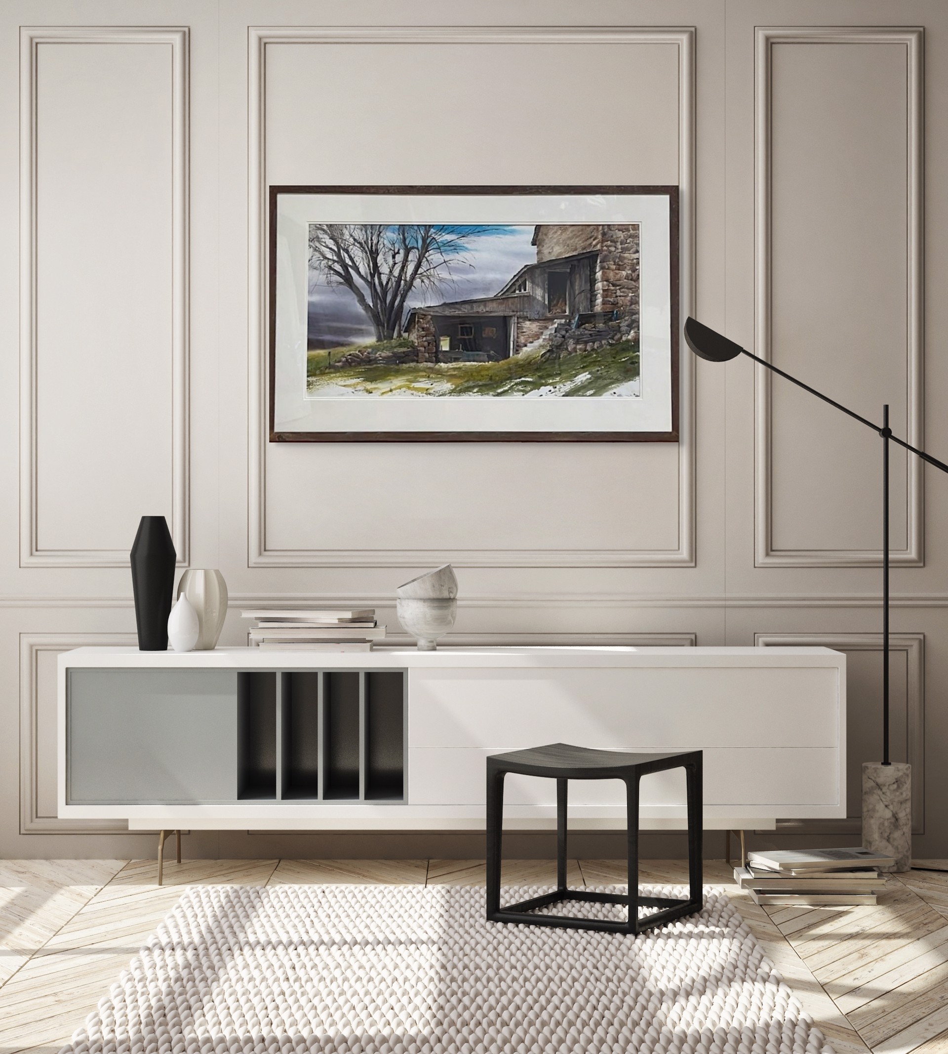 A watercolor painting of an old stone building with a tree in the background.