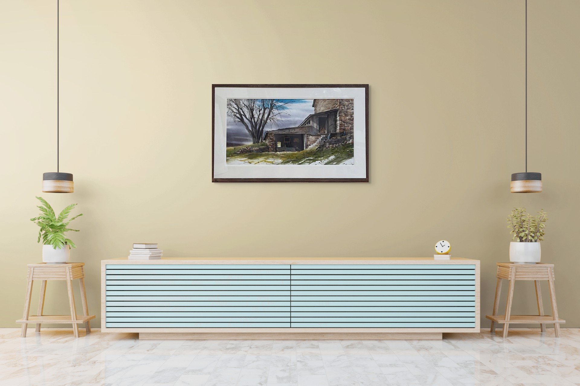 A watercolor painting of an old stone building with a tree in the background.