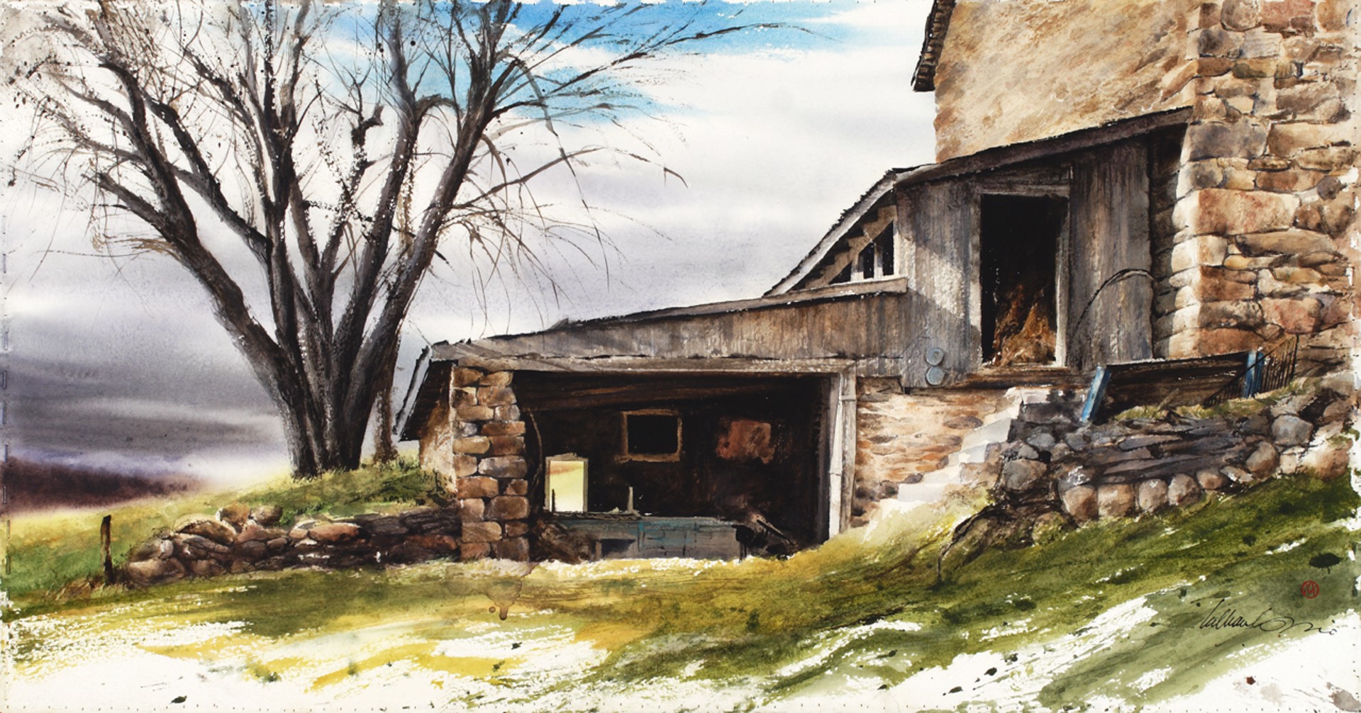 A watercolor painting of an old stone building with a tree in the background.