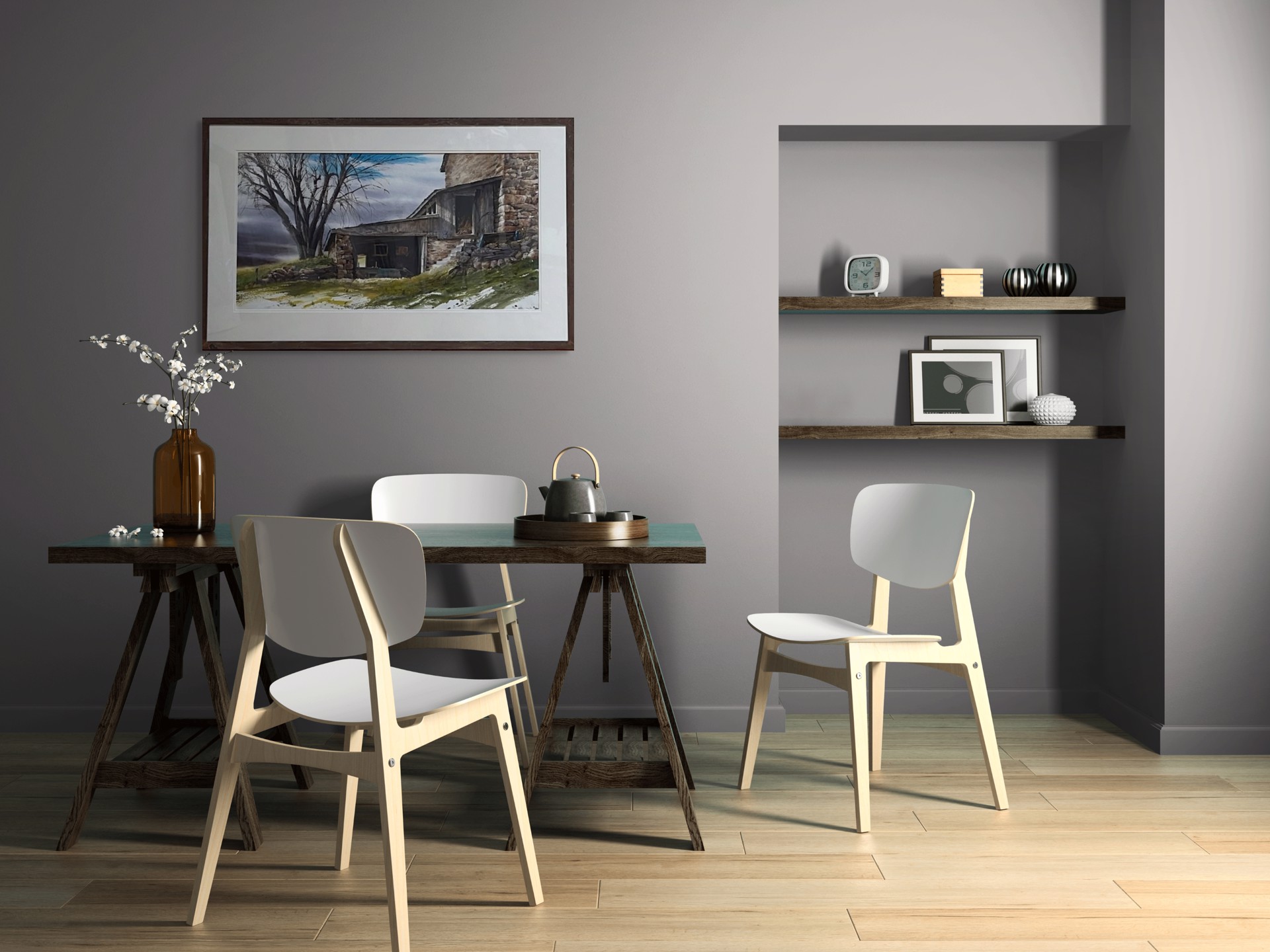 A watercolor painting of an old stone building with a tree in the background.