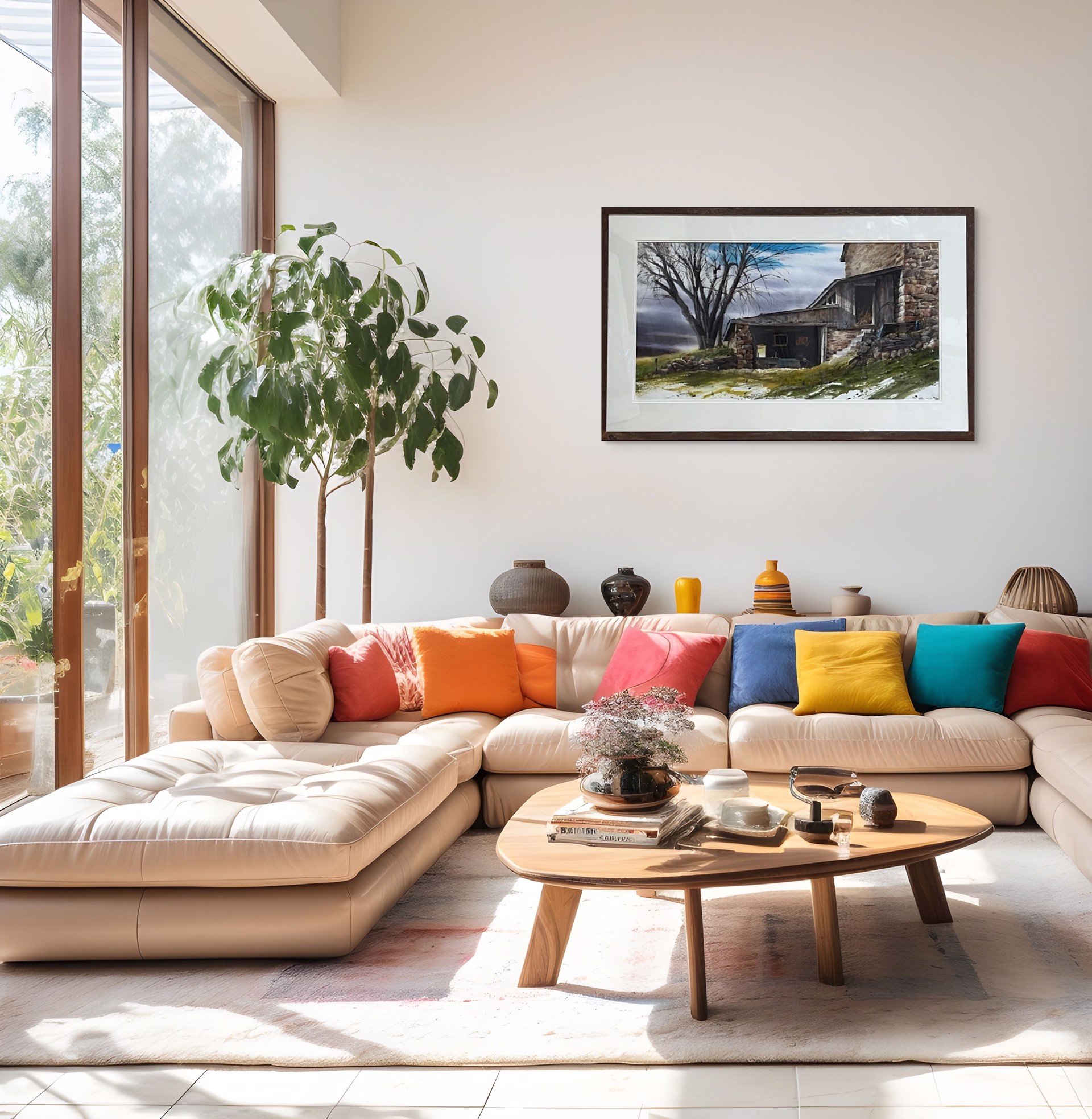 A watercolor painting of an old stone building with a tree in the background.