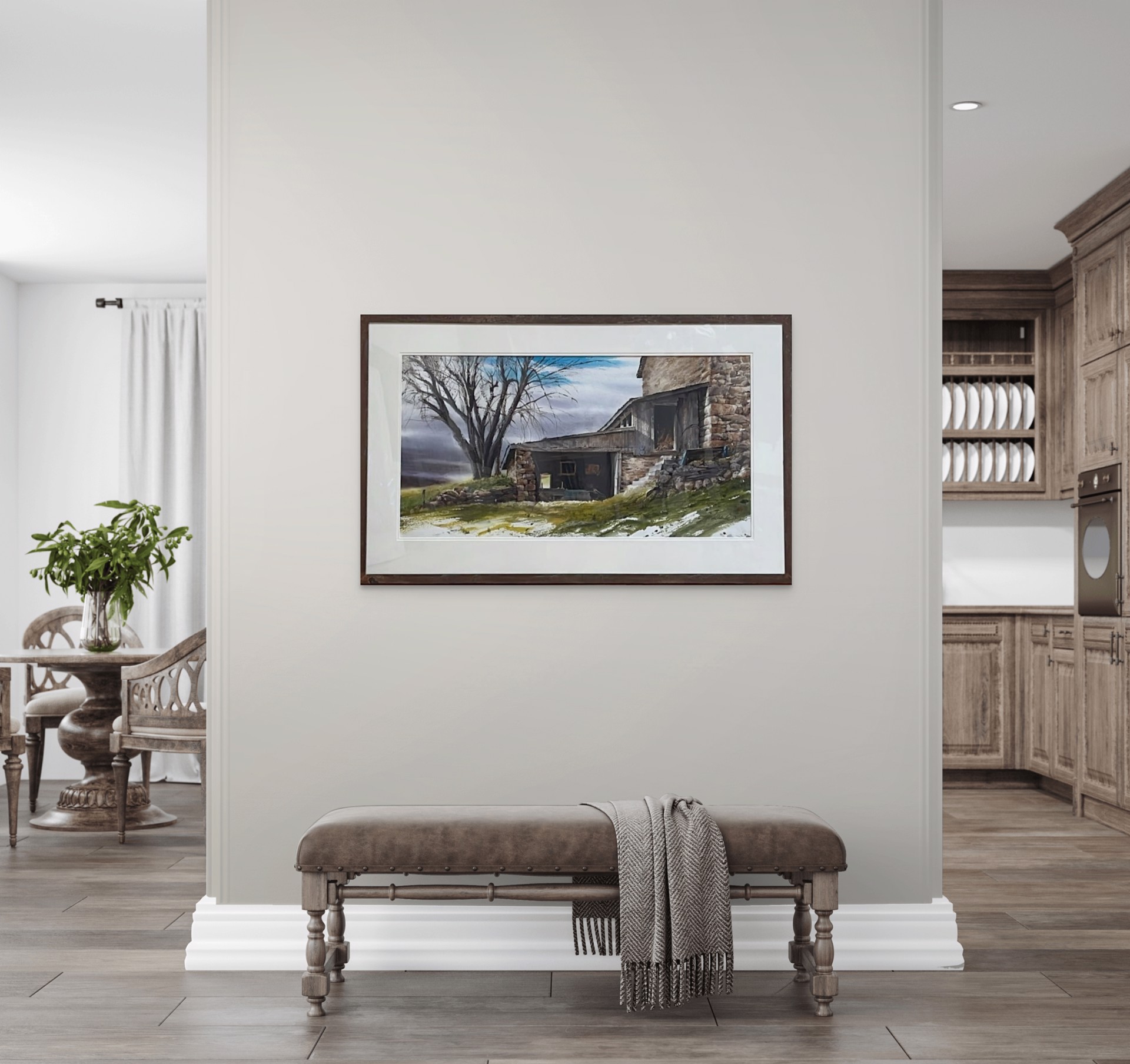 A watercolor painting of an old stone building with a tree in the background.