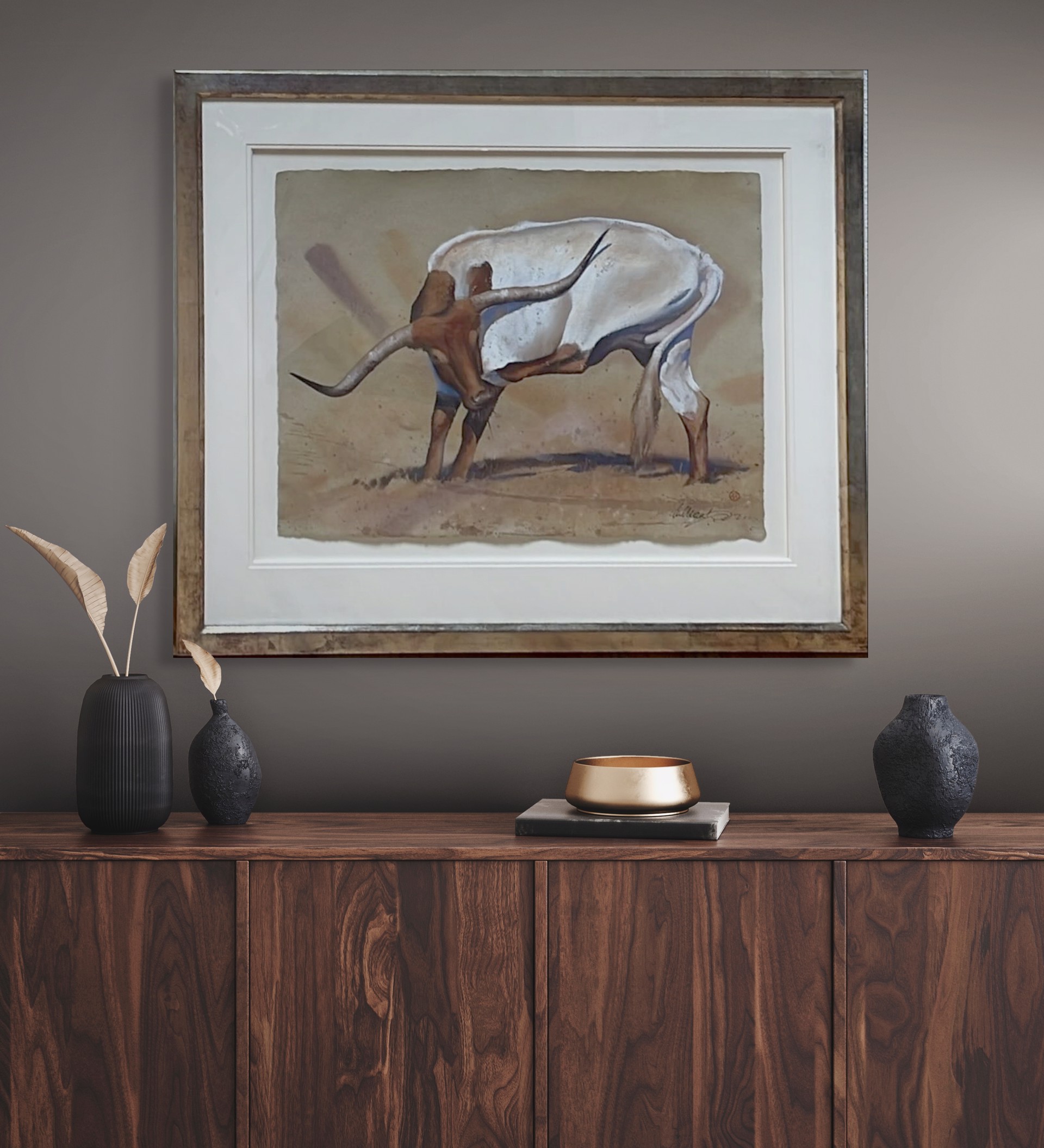 A stylized painting of a white bull with long curved horns standing in a desert landscape.