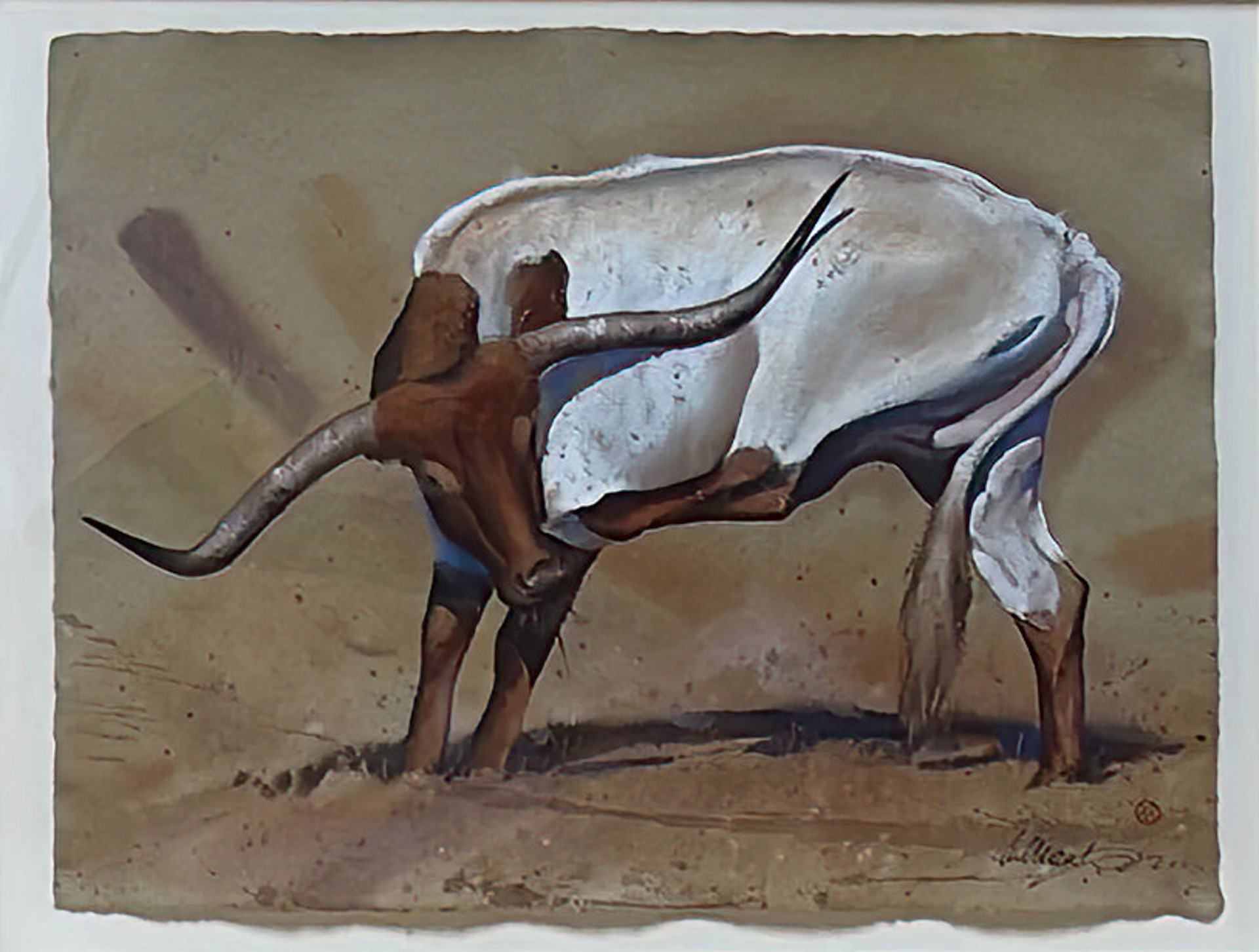 A stylized painting of a white bull with long curved horns standing in a desert landscape.
