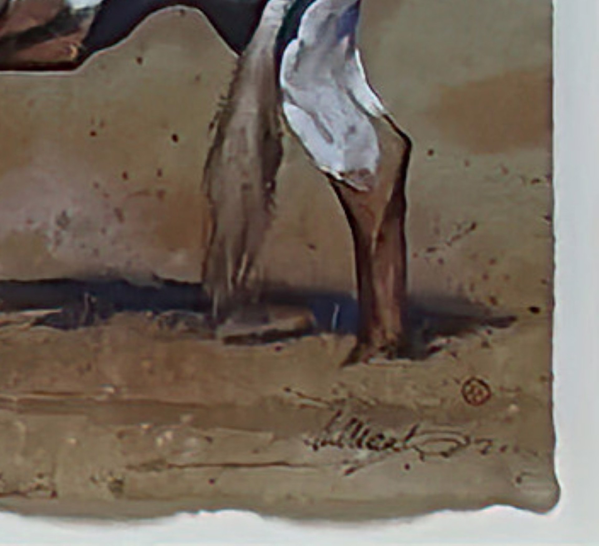 A stylized painting of a white bull with long curved horns standing in a desert landscape.