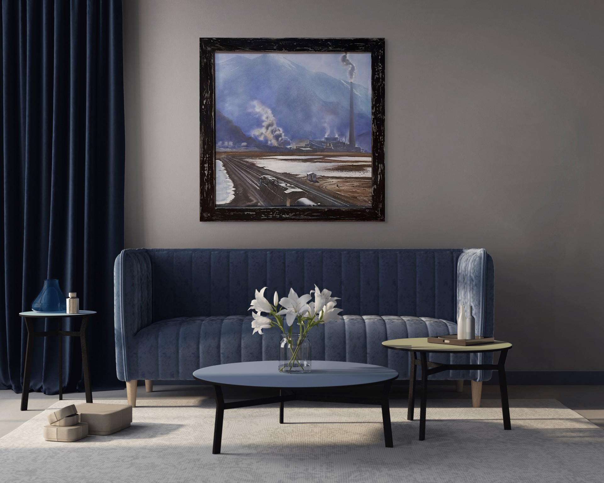 A painting of a train traveling down train tracks next to a mountain.