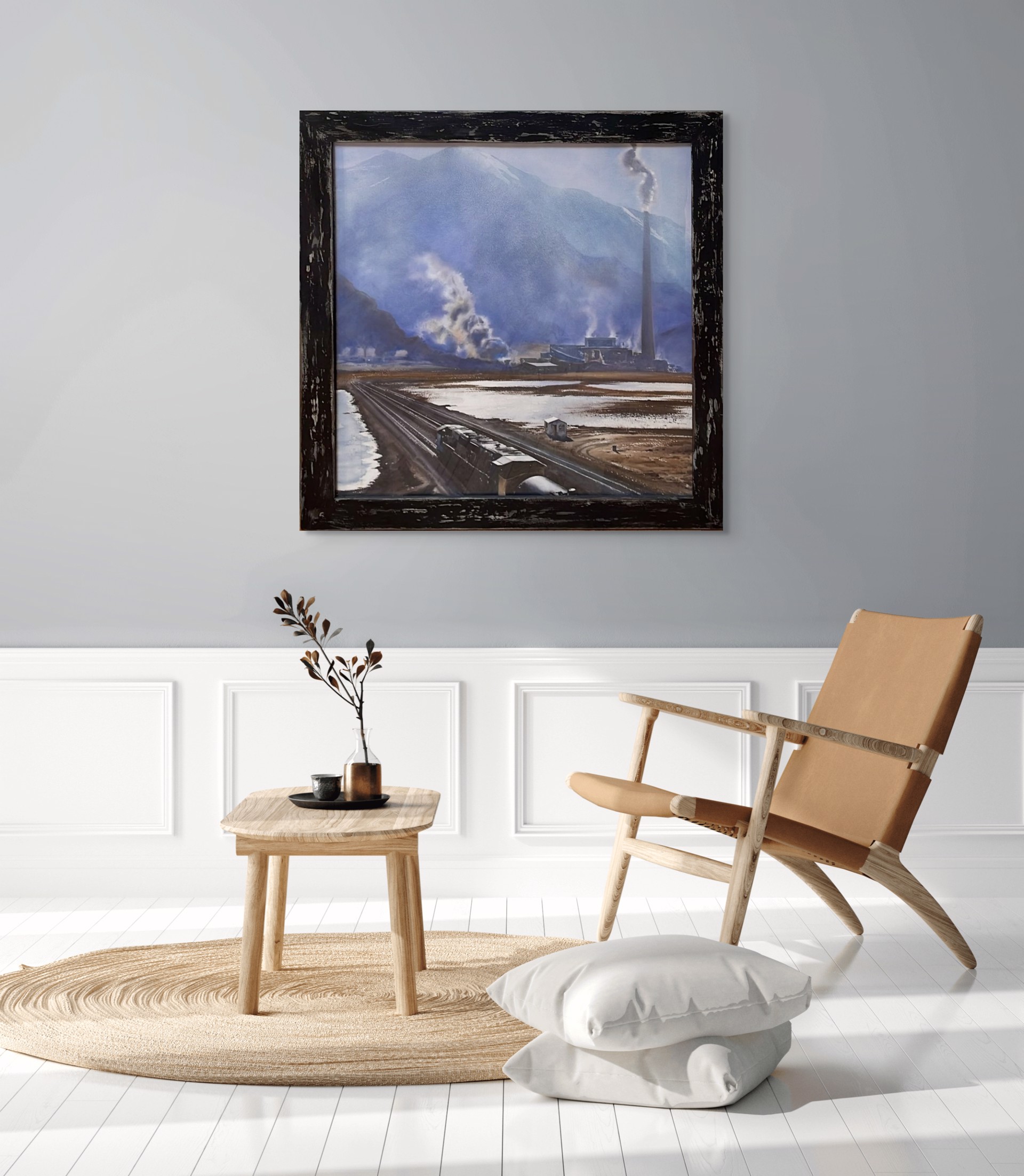 A painting of a train traveling down train tracks next to a mountain.