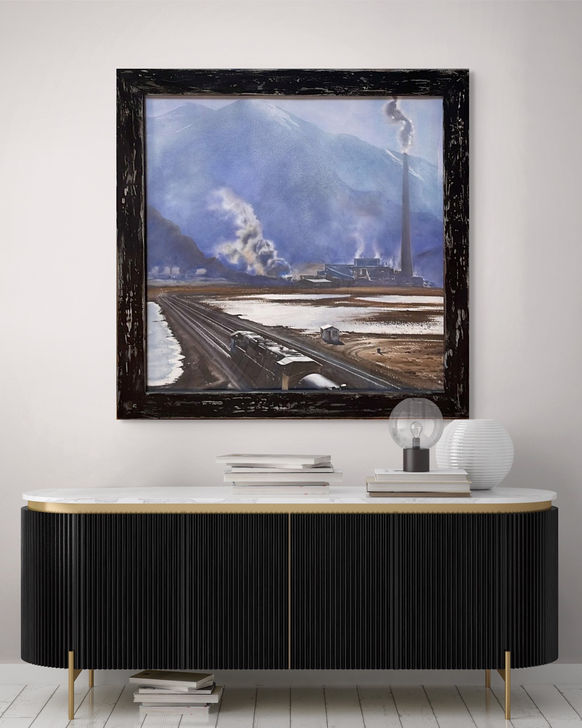 A painting of a train traveling down train tracks next to a mountain.