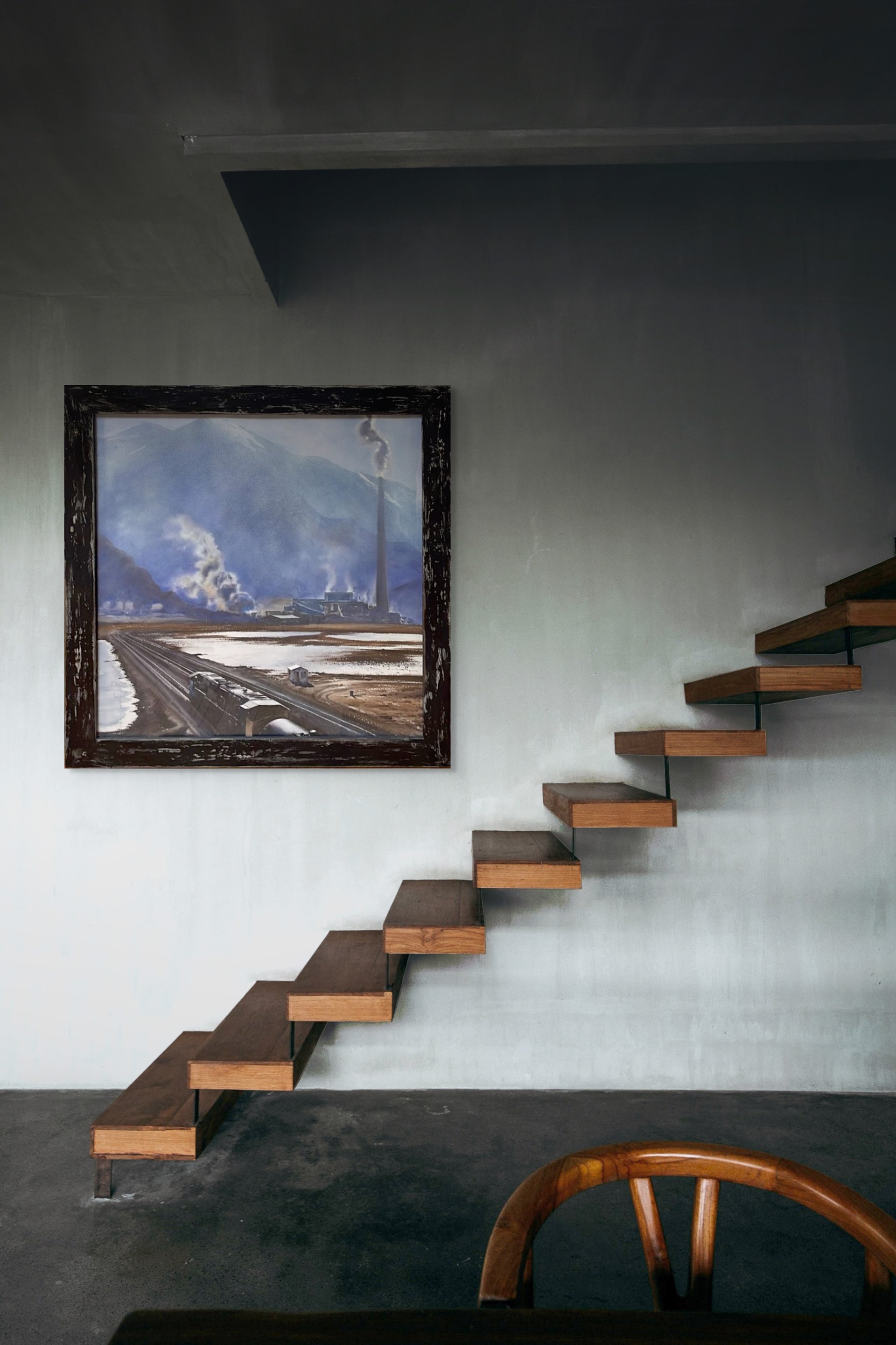 A painting of a train traveling down train tracks next to a mountain.