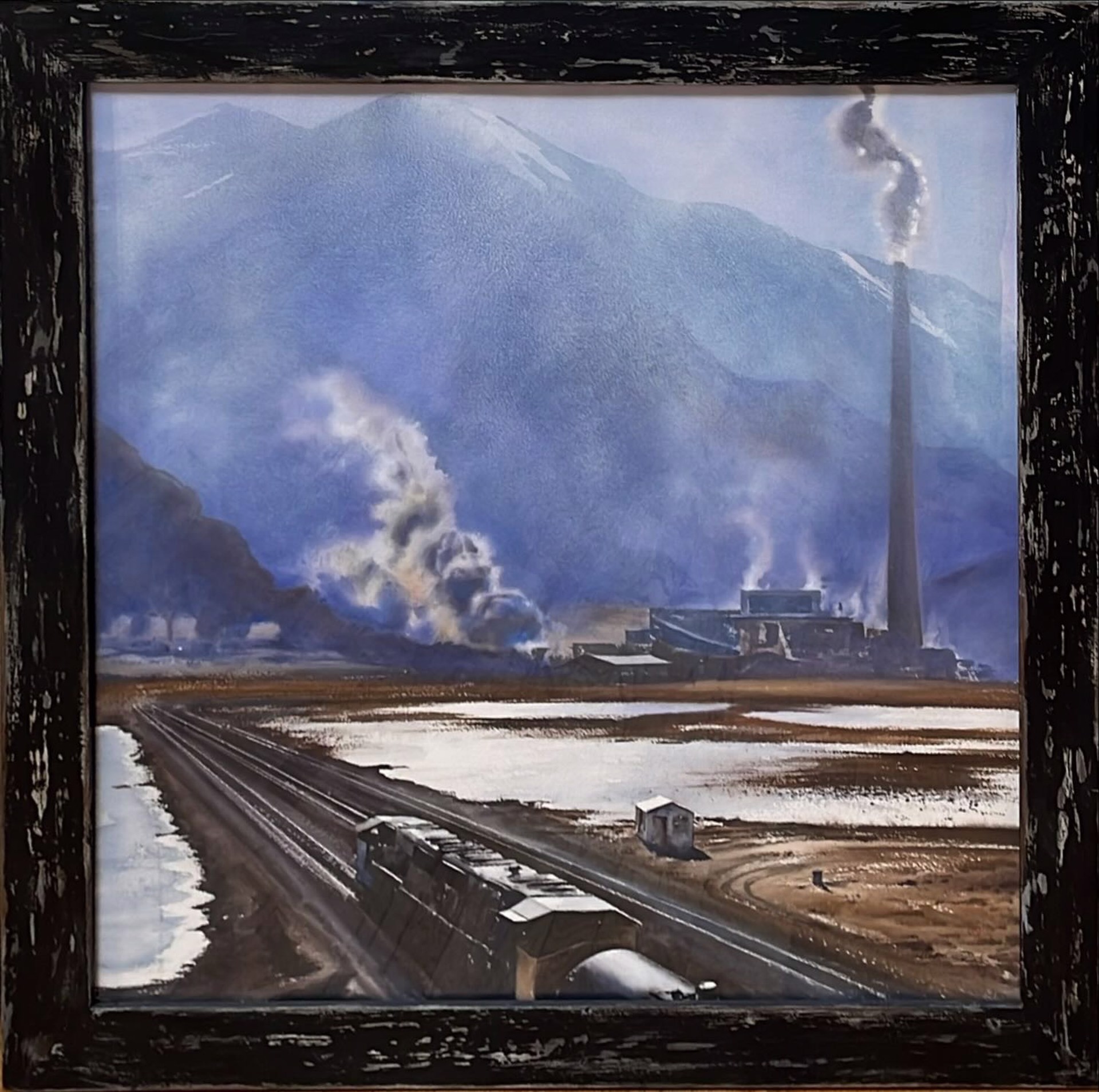 A painting of a train traveling down train tracks next to a mountain.