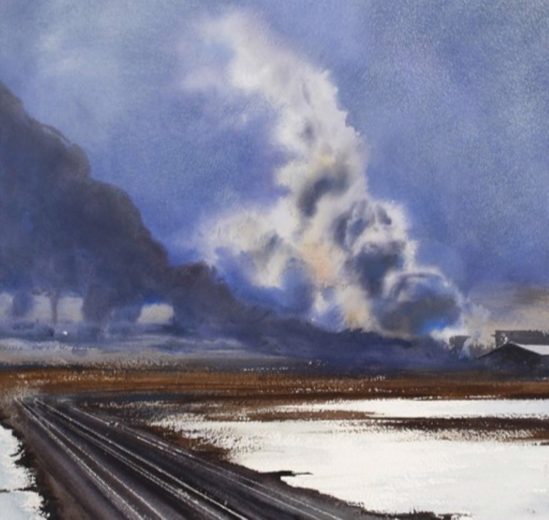 A painting of a train traveling down train tracks next to a mountain.