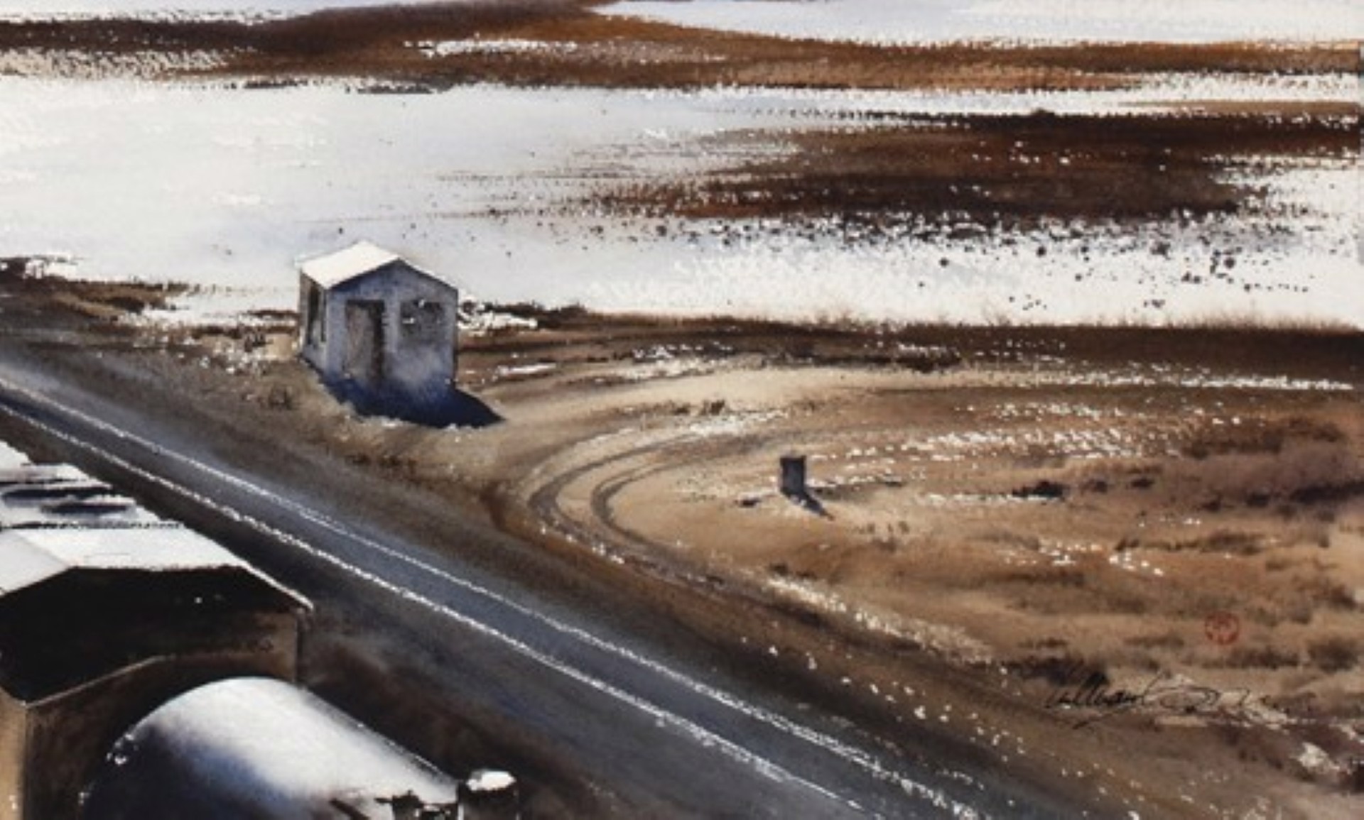 A painting of a train traveling down train tracks next to a mountain.