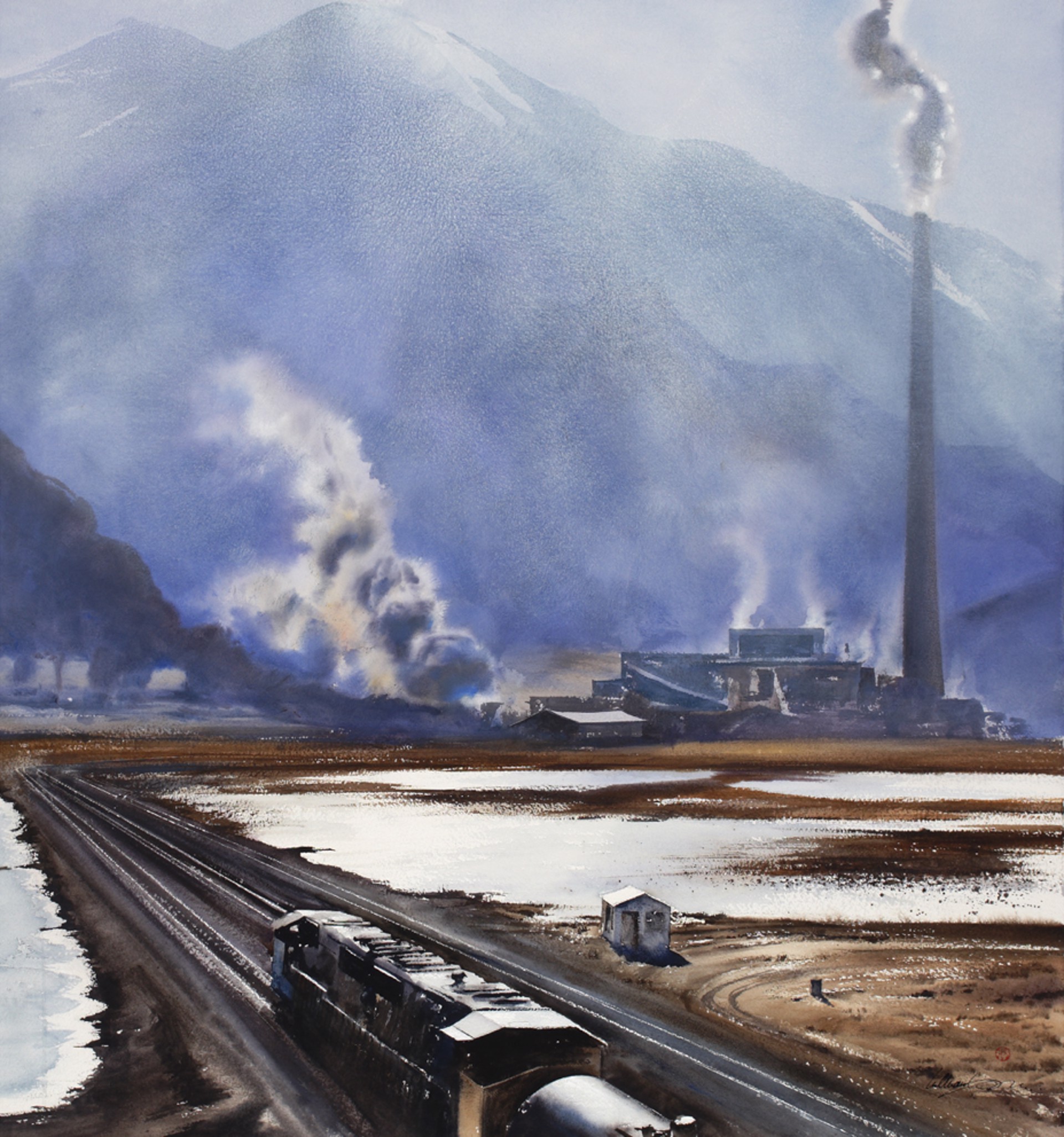 A painting of a train traveling down train tracks next to a mountain.