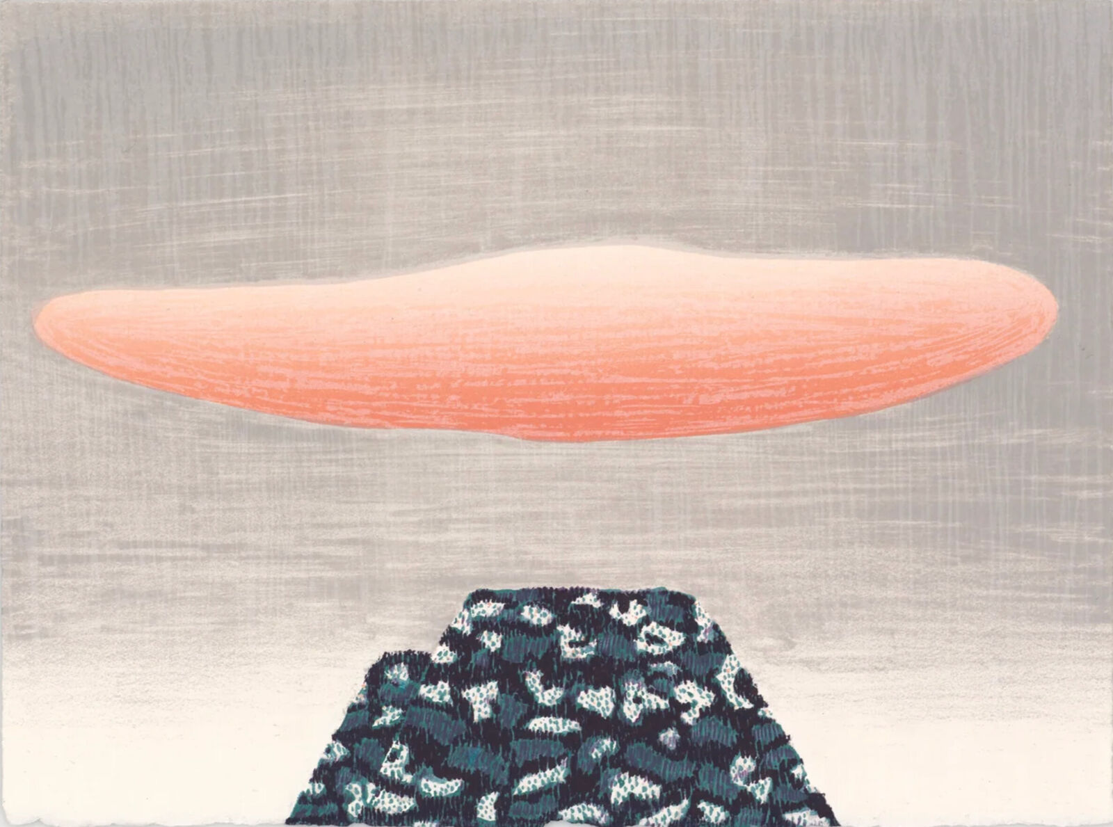 A drawing of a mountain with a pink cloud in the sky.