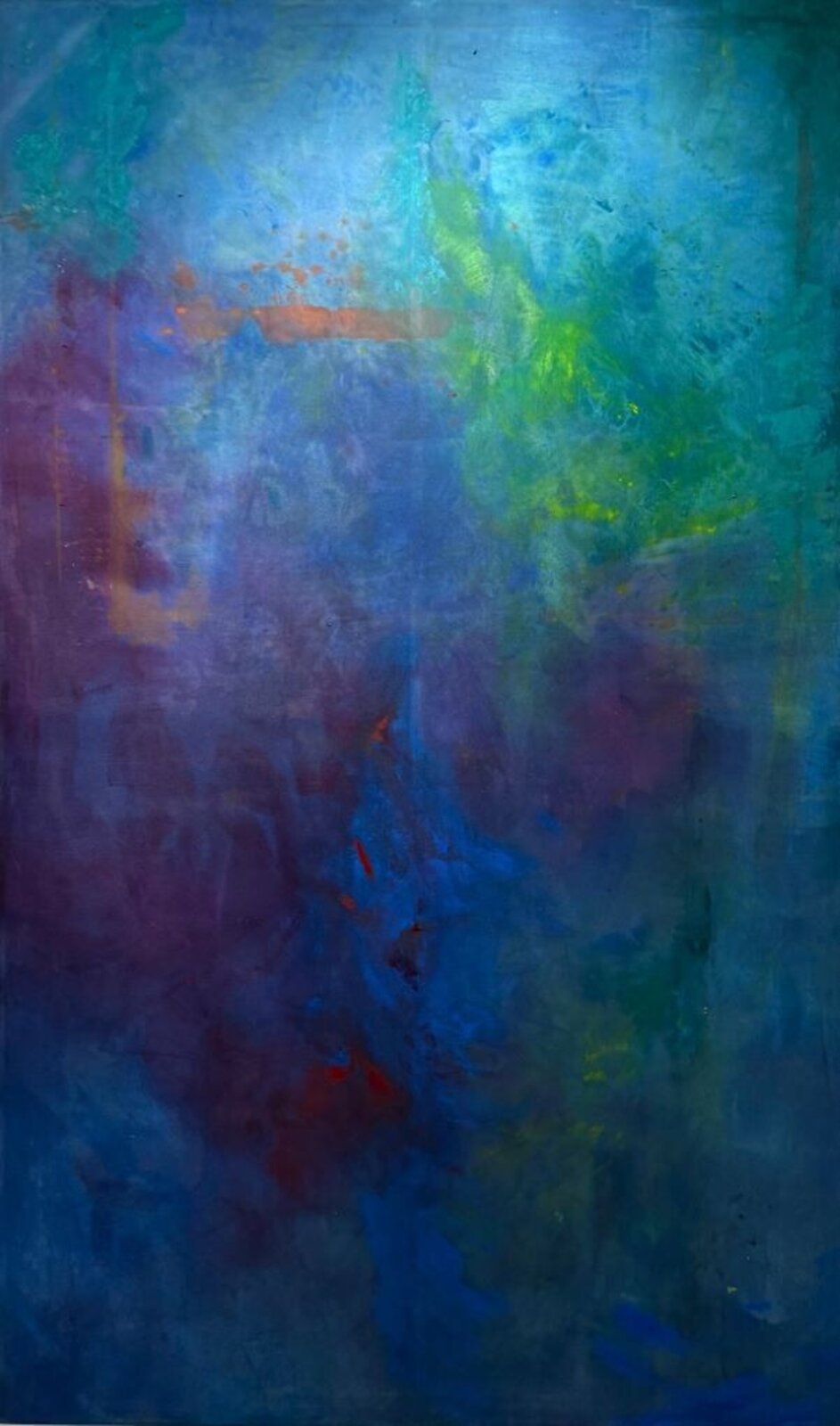 An abstract composition of swirling colors and textured layers.
