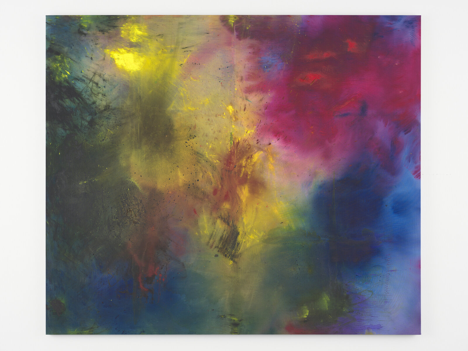 A vibrant abstract composition featuring a chaotic explosion of yellow, magenta, and blue paint.