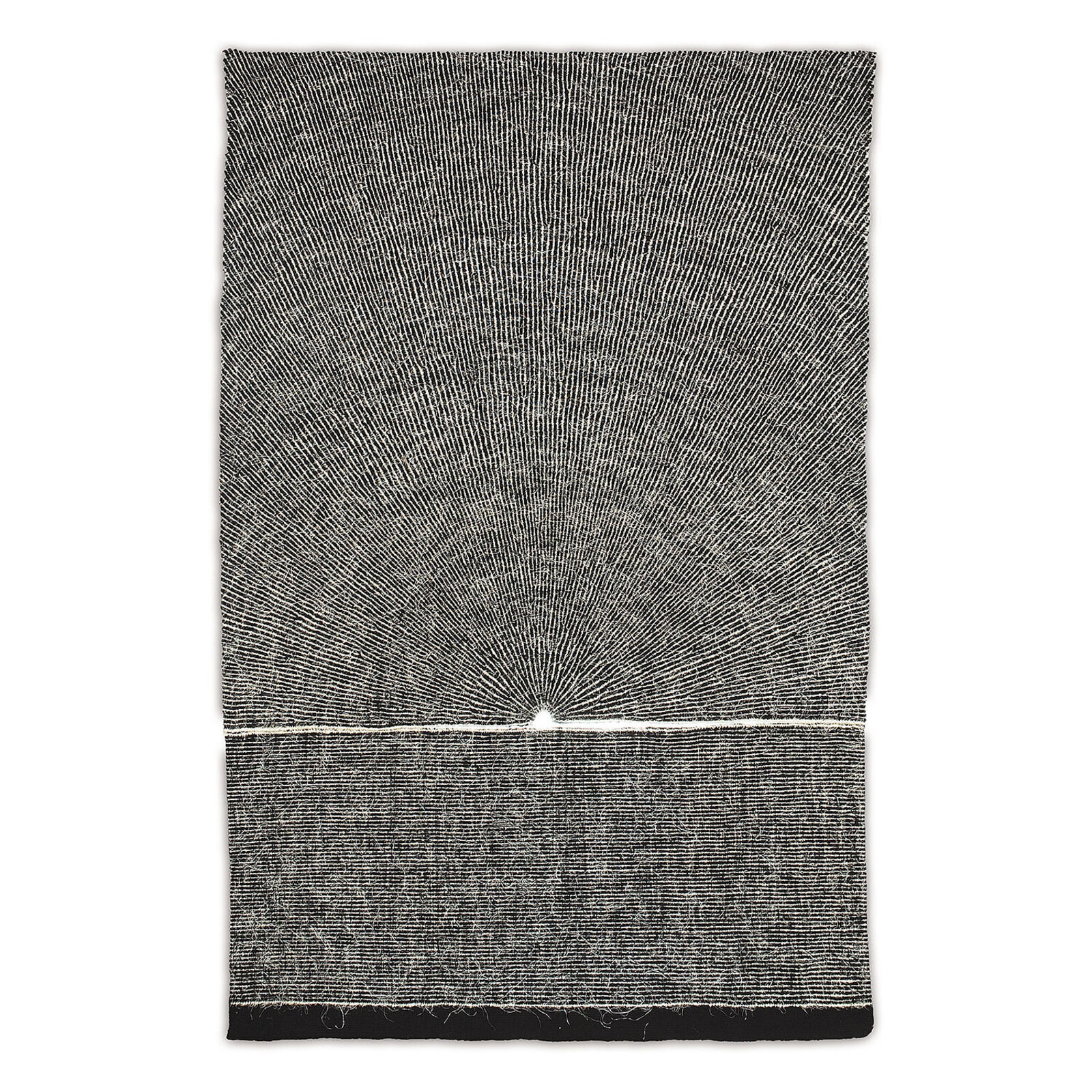A minimalist textile artwork featuring a sunburst pattern emerging from a horizontal horizon line.