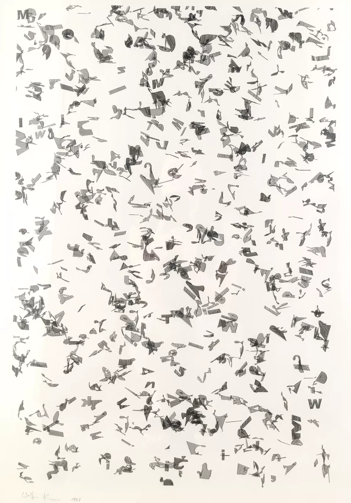 A black and white drawing of a bunch of birds flying in the air.